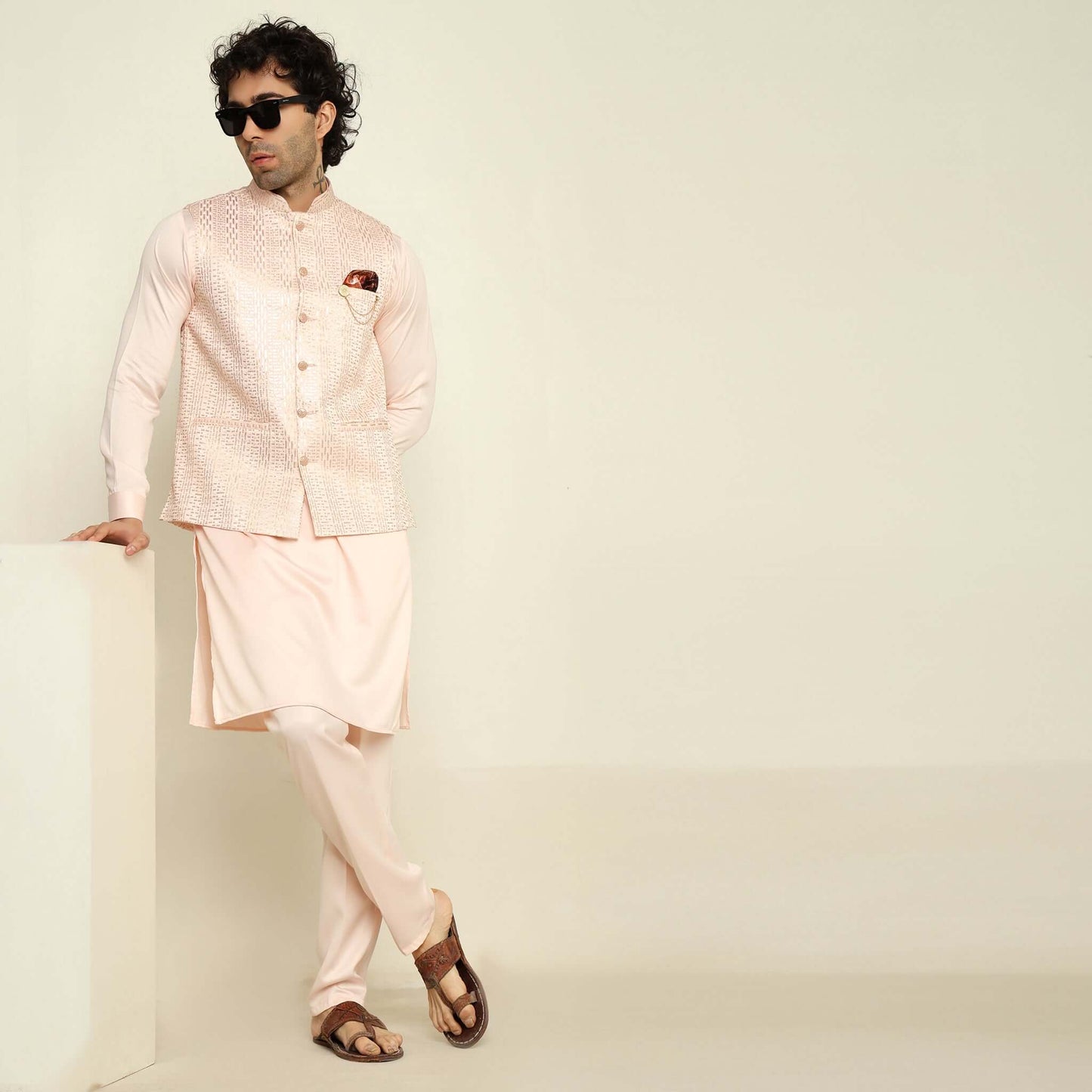 Pink Sequence Embroidered Kurta Koti Set for Men