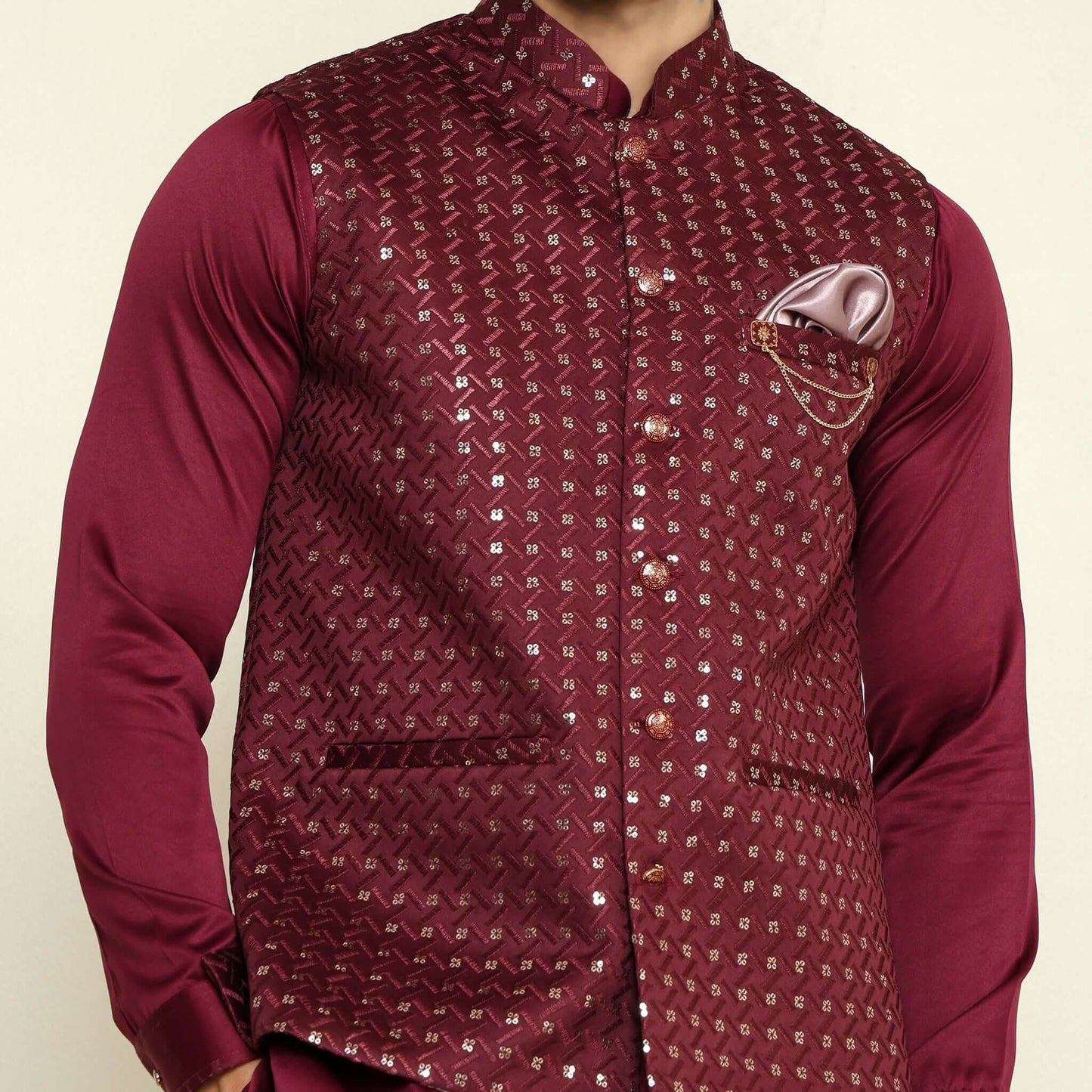 Wine Sequence Chikan Embroidered Kurta Koti Set for Men