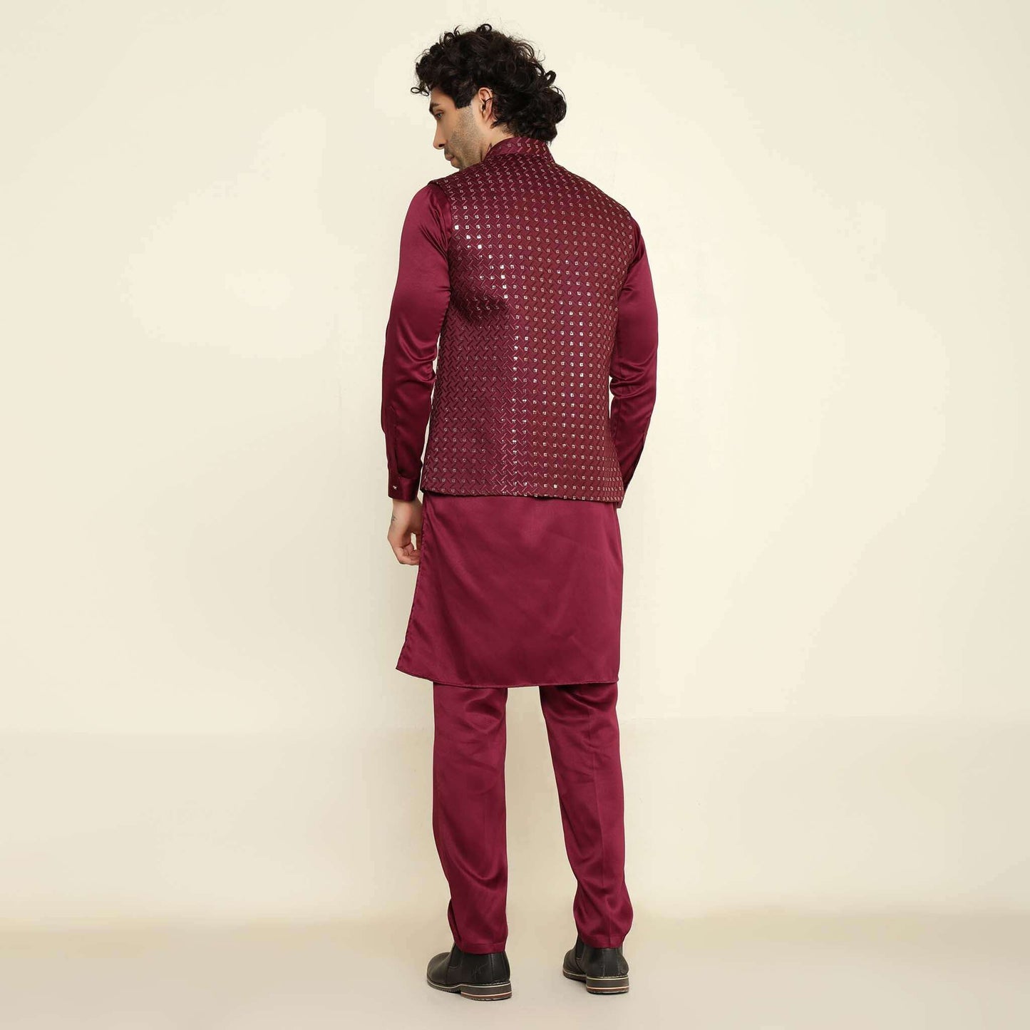 Wine Sequence Chikan Embroidered Kurta Koti Set for Men