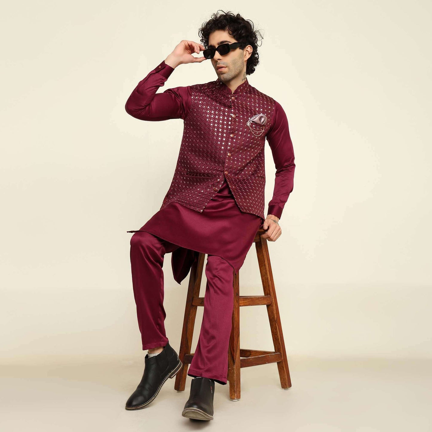 Wine Sequence Chikan Embroidered Kurta Koti Set for Men