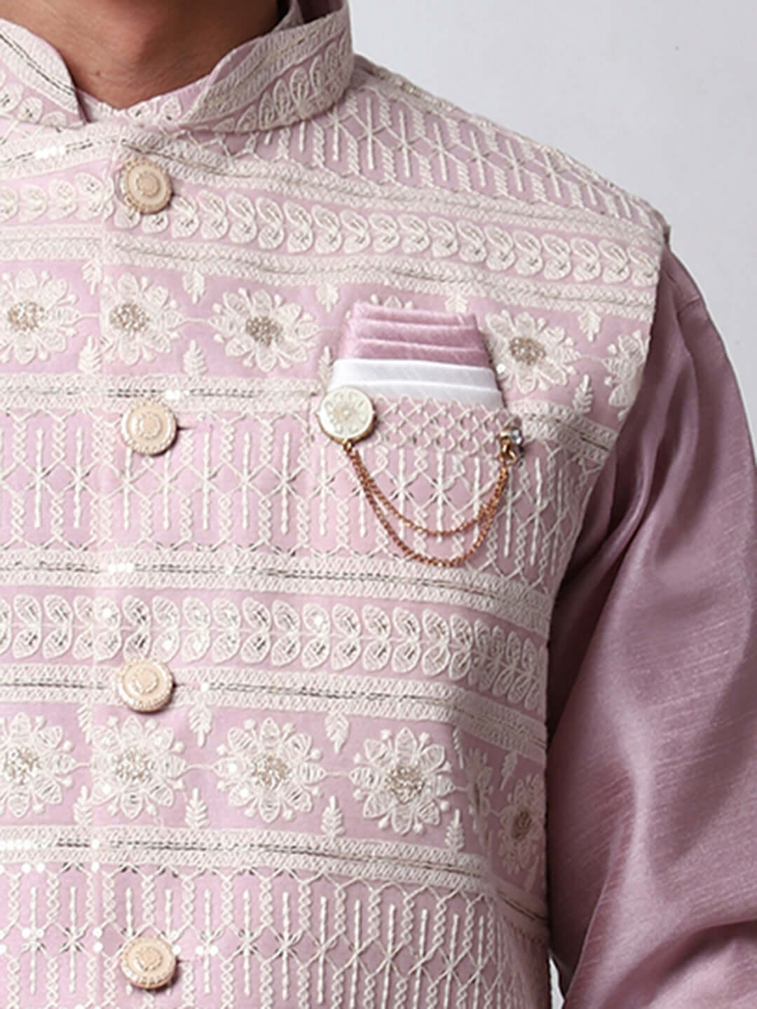 Mauve kurta with mauve nehru jacket for men which is made up of dupion silk and has net embroidery with sequins on it. Shop this mauve designer wedding kurta jacket set for male from Crease India website.
