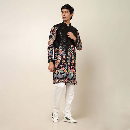 Black Floral Embroidered Kurta for Men which has tiger motif & floral embroidery. Perfect mens black wedding kurta for male by Crease India.