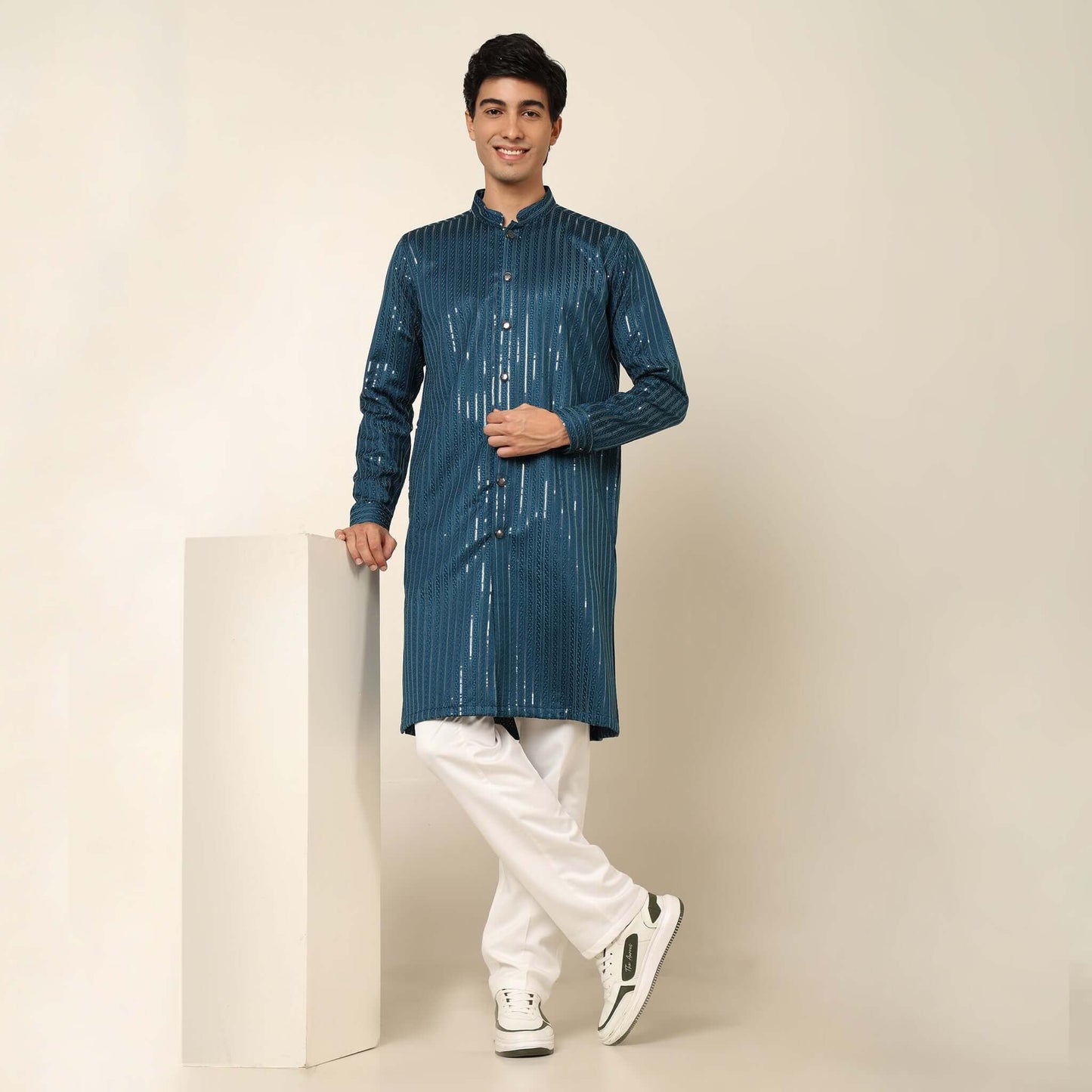 Blue Front Open Long Kurta for Men which has embroidery and metal buttons. Perfect mens blue wedding kurta for male by Crease India.