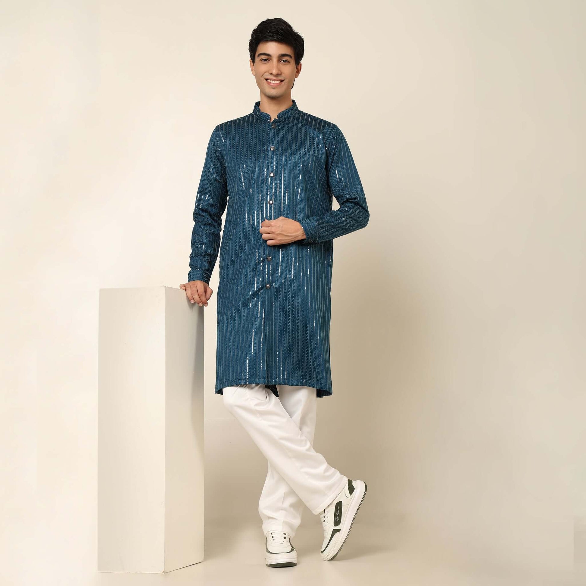 Blue Front Open Long Kurta for Men which has embroidery and metal buttons. Perfect mens blue wedding kurta for male by Crease India.