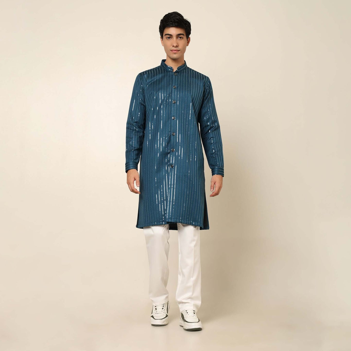 Blue Front Open Long Kurta for Men which has embroidery and metal buttons. Perfect mens blue wedding kurta for male by Crease India.