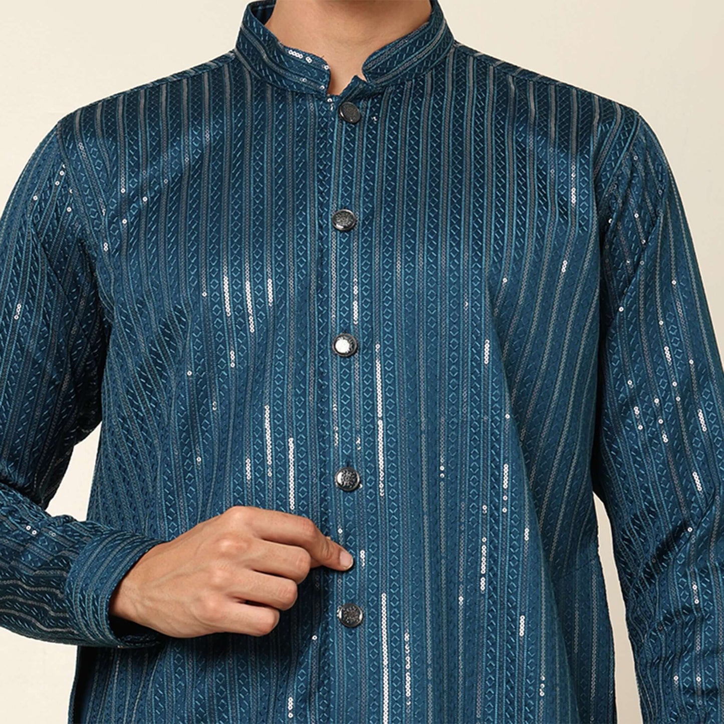 Blue Front Open Long Kurta for Men which has embroidery and metal buttons. Perfect mens blue wedding kurta for male by Crease India.