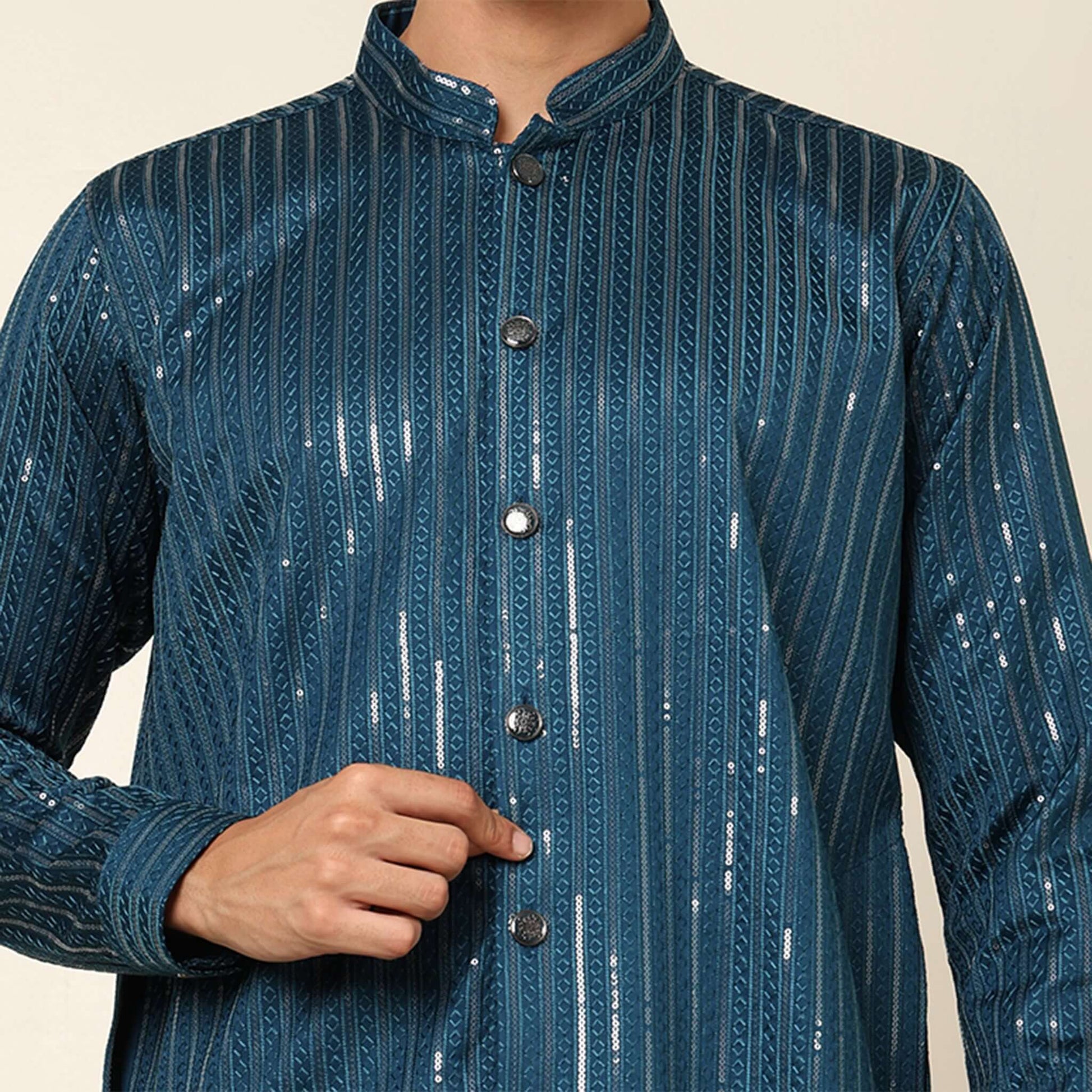 Blue Front Open Long Kurta for Men which has embroidery and metal buttons. Perfect mens blue wedding kurta for male by Crease India.