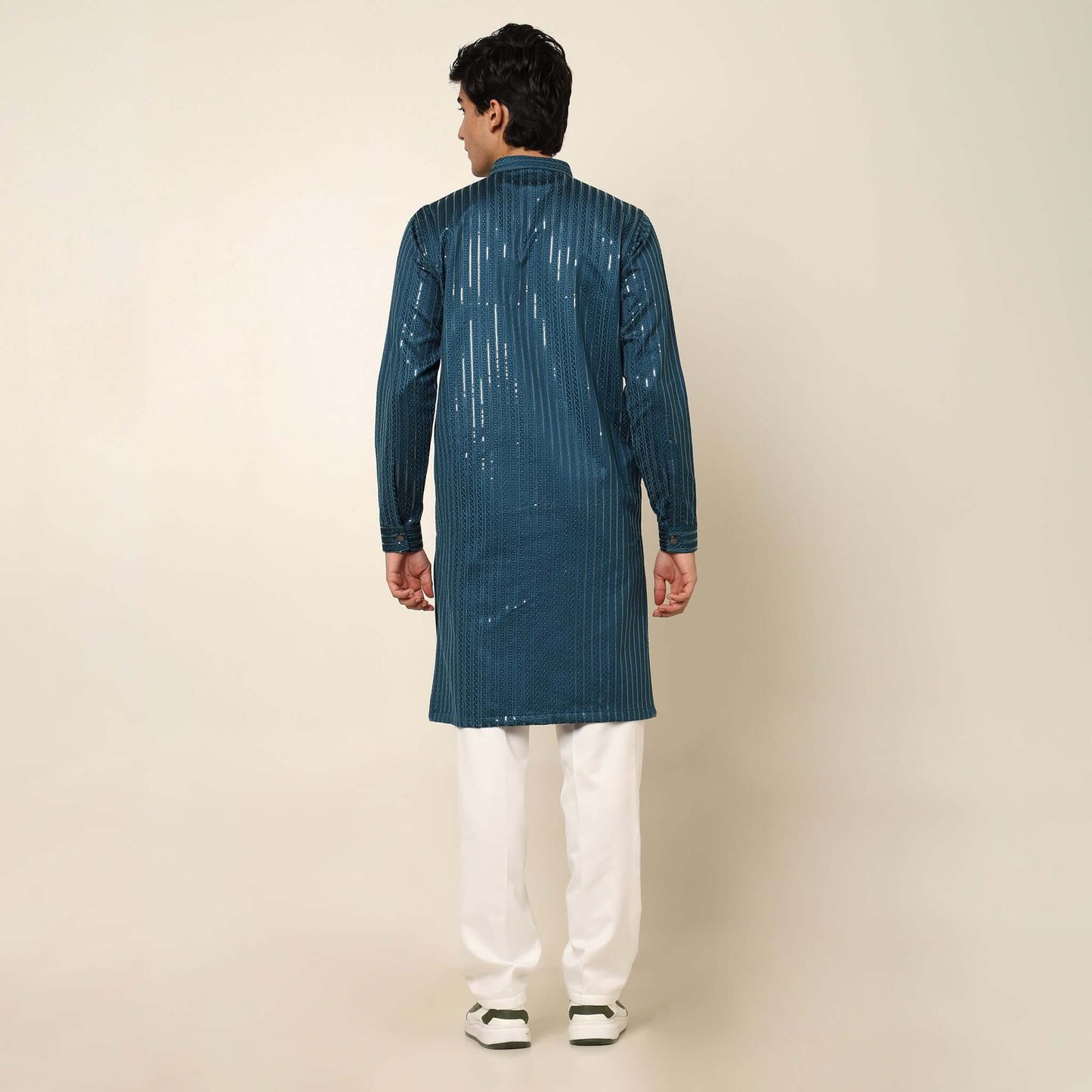 Blue Front Open Long Kurta for Men which has embroidery and metal buttons. Perfect mens blue wedding kurta for male by Crease India.