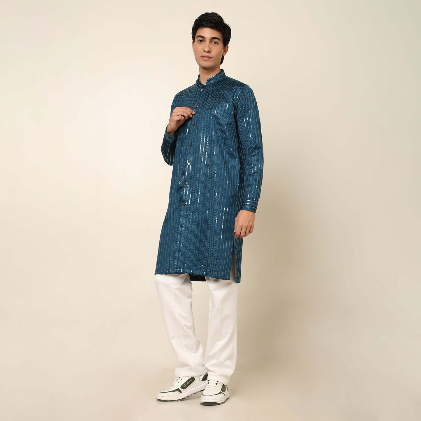 Blue Front Open Long Kurta for Men which has embroidery and metal buttons. Perfect mens blue wedding kurta for male by Crease India.