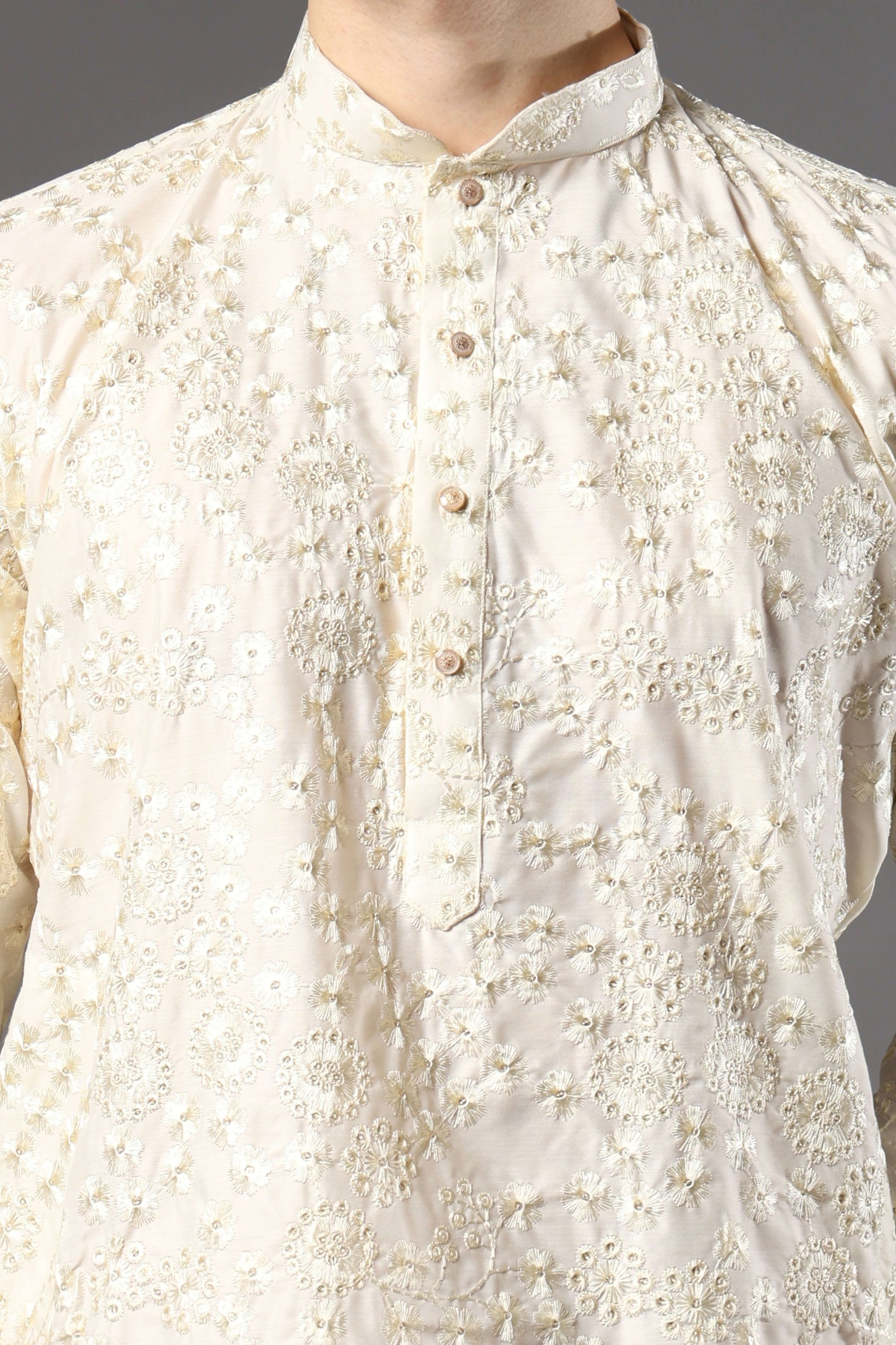 Kiya Silk Embroidered Cream Kurta for Men – classic cream wedding kurta for men ideal for daytime rituals by Crease India