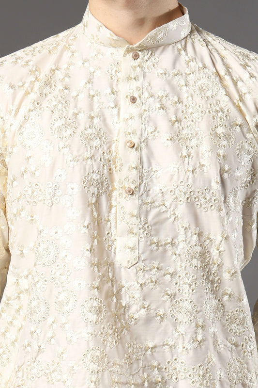 Kiya Silk Embroidered Cream Kurta for Men – classic cream wedding kurta for men ideal for daytime rituals by Crease India