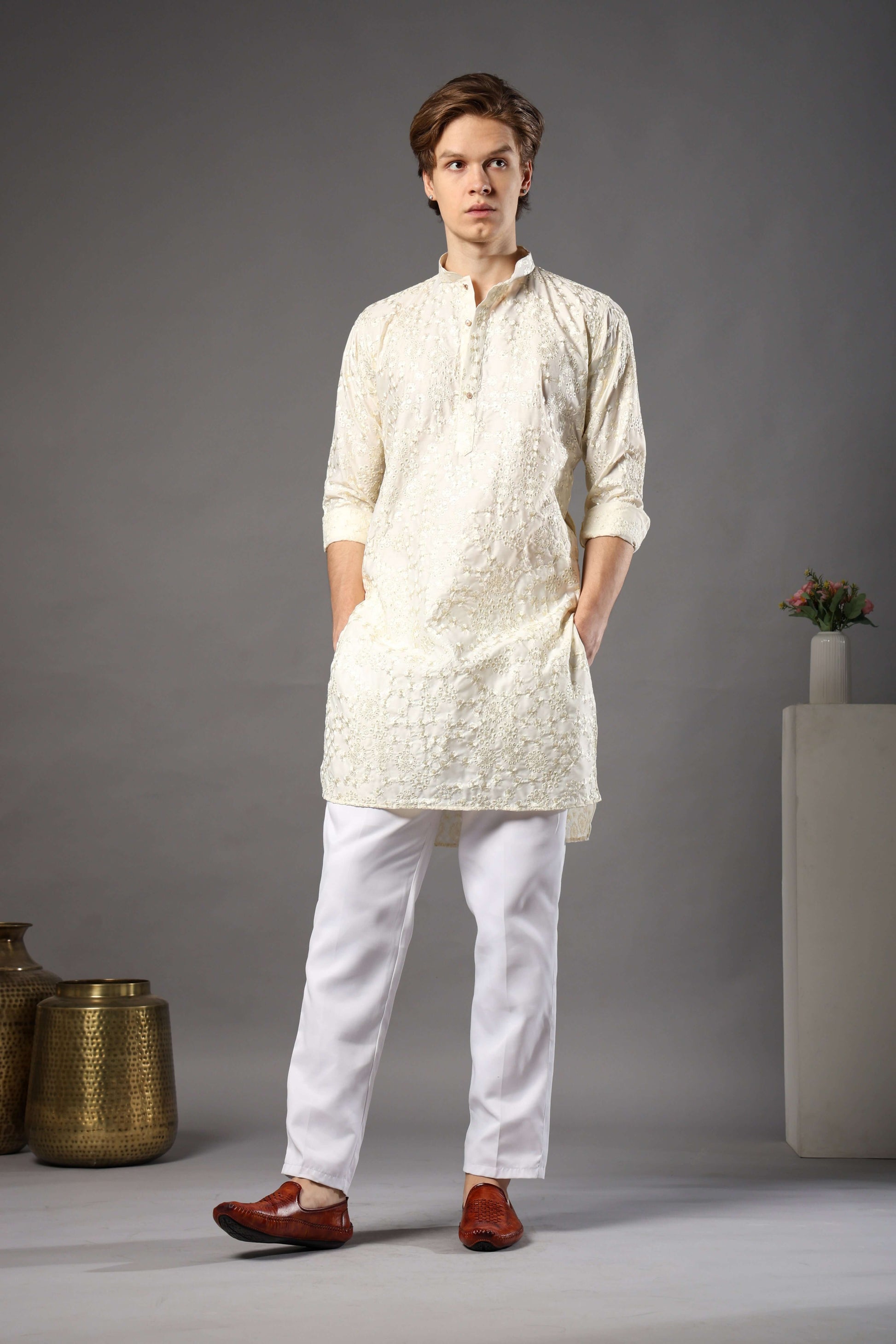 Kiya Silk Embroidered Cream Kurta for Men – classic cream wedding kurta for men ideal for daytime rituals by Crease India