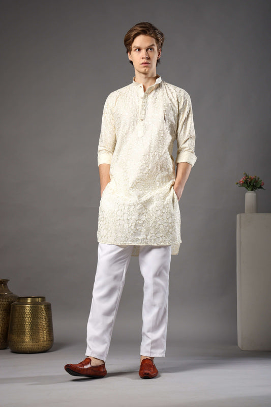 Kiya Silk Embroidered Cream Kurta for Men – classic cream wedding kurta for men ideal for daytime rituals by Crease India