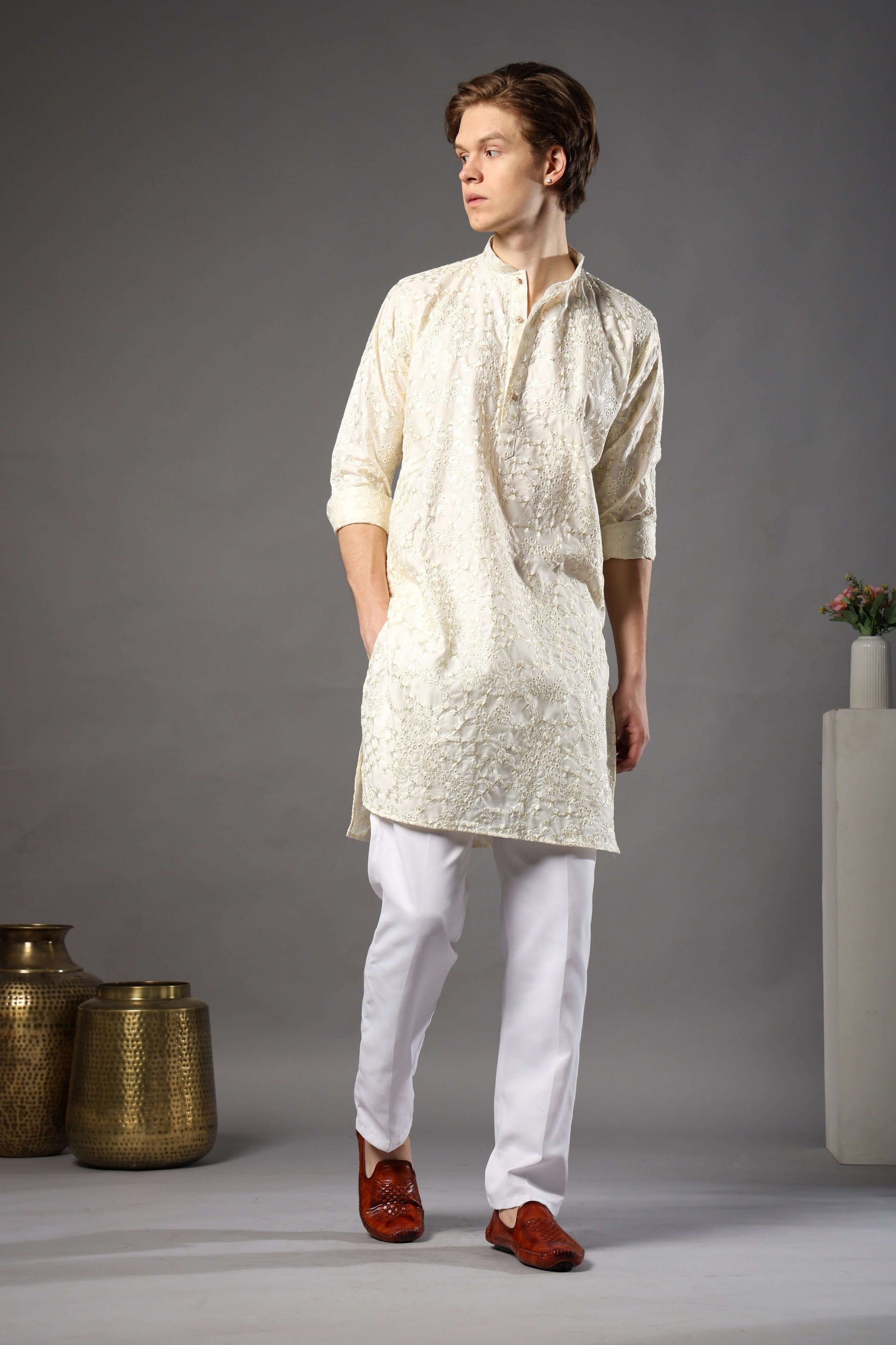 Kiya Silk Embroidered Cream Kurta for Men – classic cream wedding kurta for men ideal for daytime rituals by Crease India