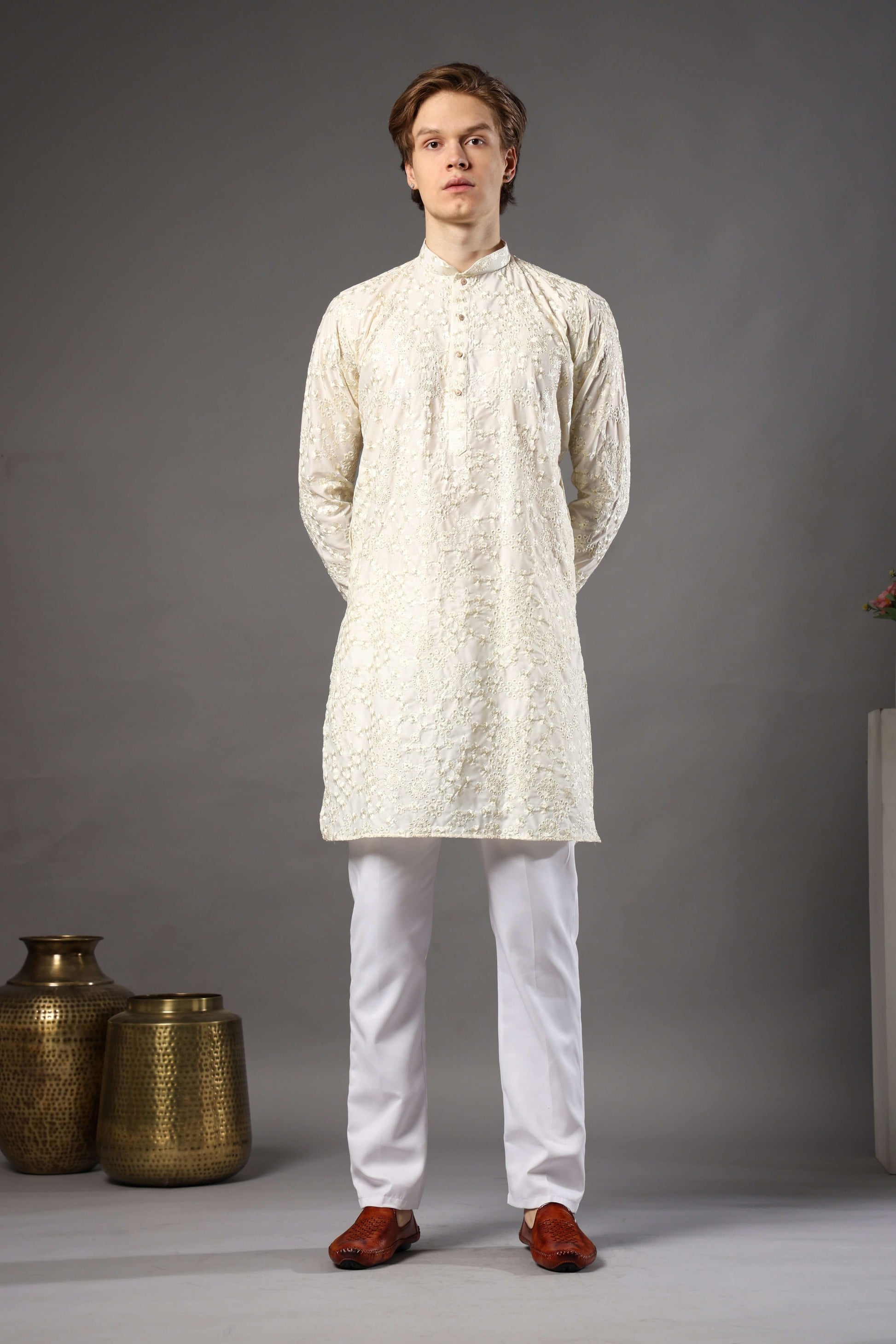 Kiya Silk Embroidered Cream Kurta for Men – classic cream wedding kurta for men ideal for daytime rituals by Crease India