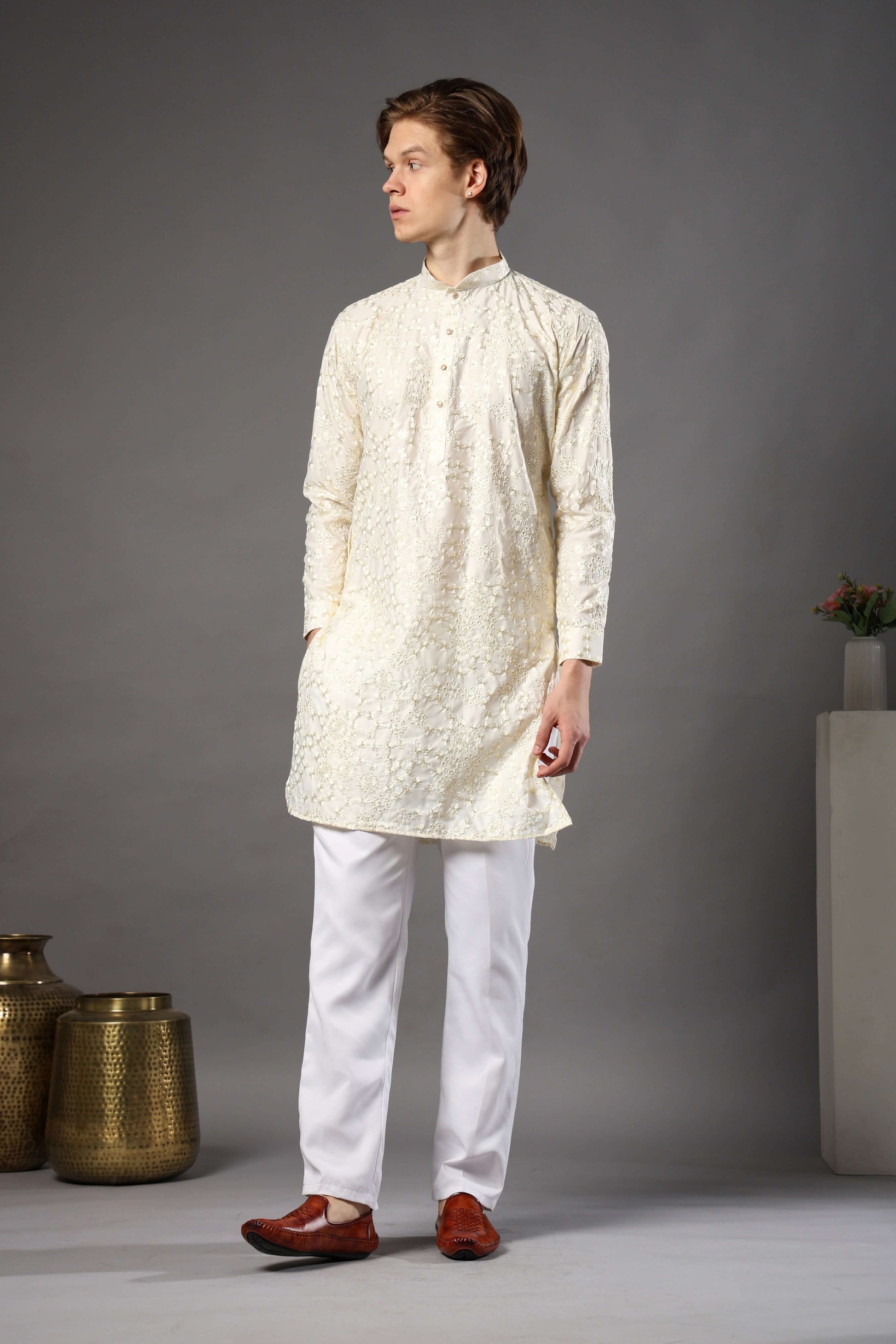 Kiya Silk Embroidered Cream Kurta for Men – classic cream wedding kurta for men ideal for daytime rituals by Crease India