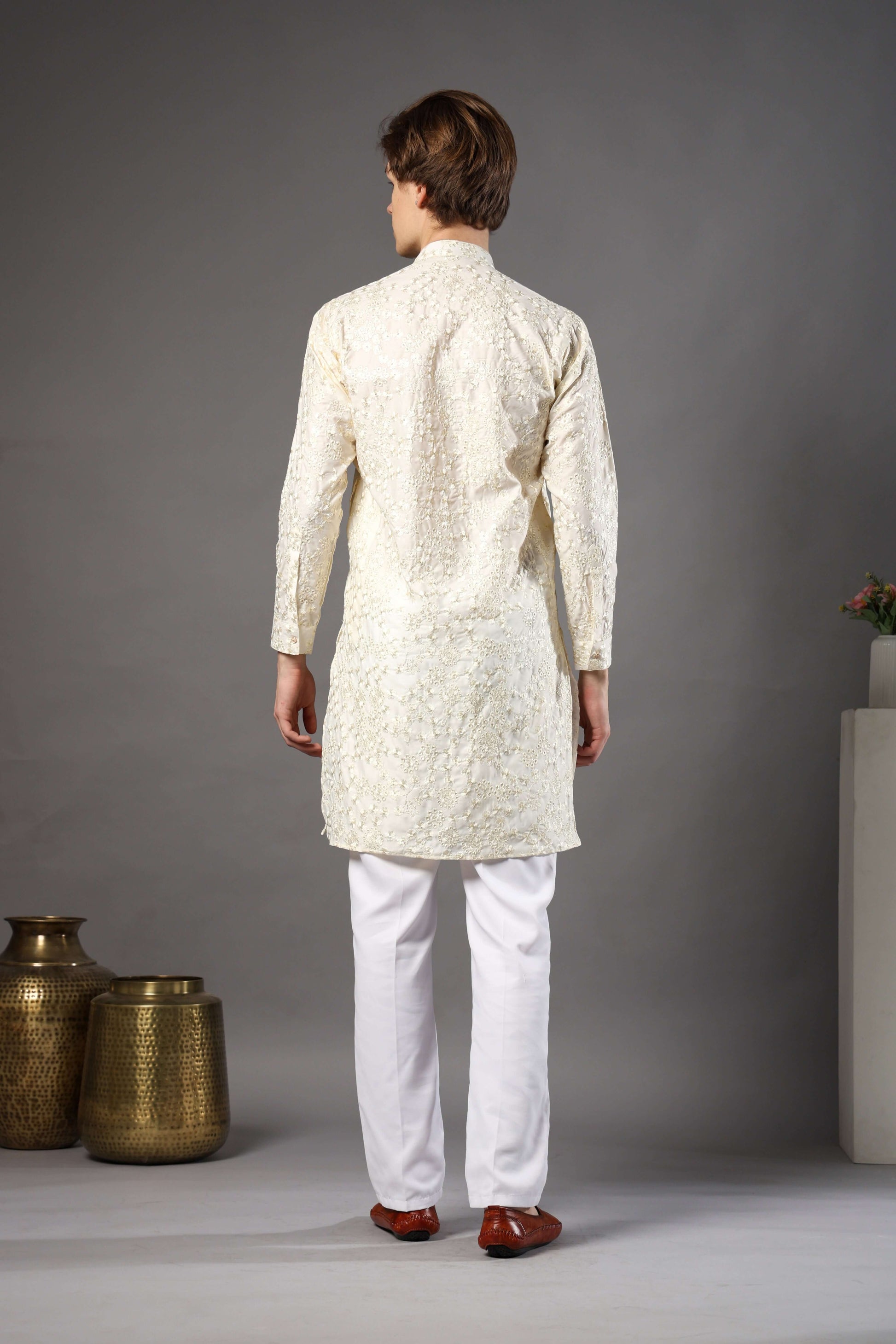 Kiya Silk Embroidered Cream Kurta for Men – classic cream wedding kurta for men ideal for daytime rituals by Crease India