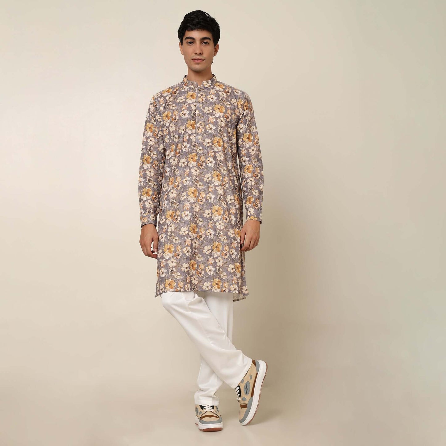 Grey Floral Wedding Kurta for Men which has embroidery and floral prints. Perfect mens floral kurta for male by Crease India.