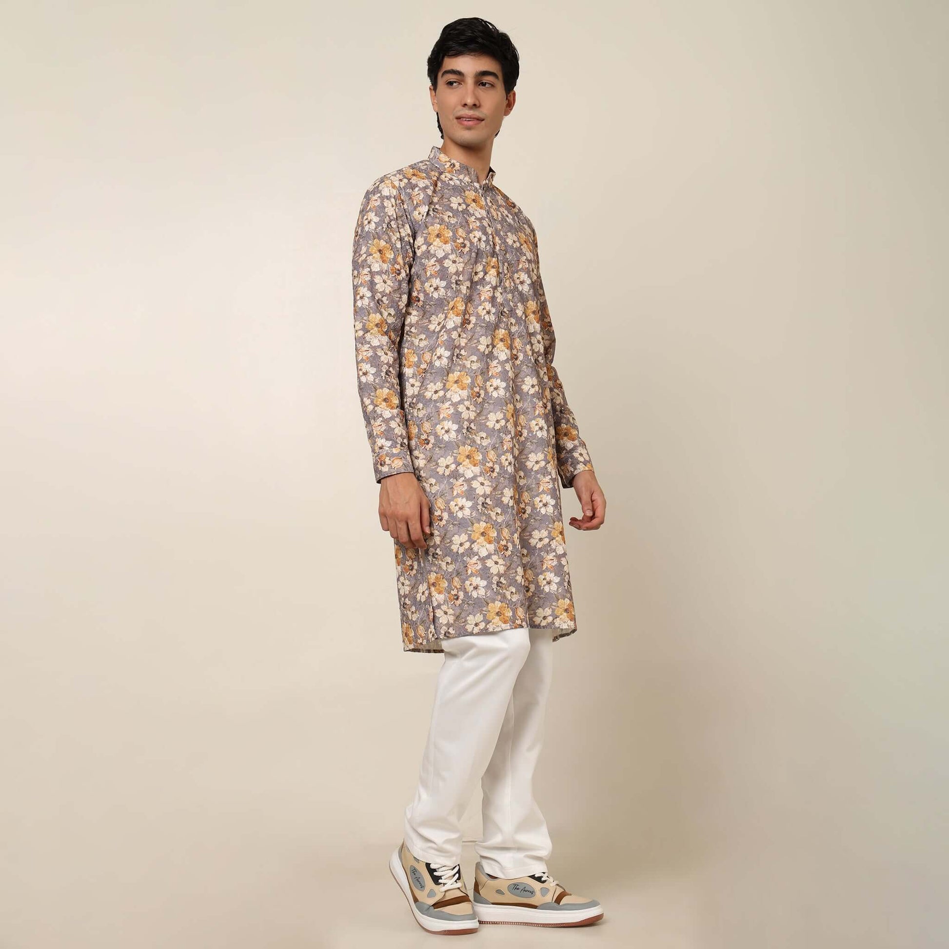Grey Floral Wedding Kurta for Men which has embroidery and floral prints. Perfect mens floral kurta for male by Crease India.