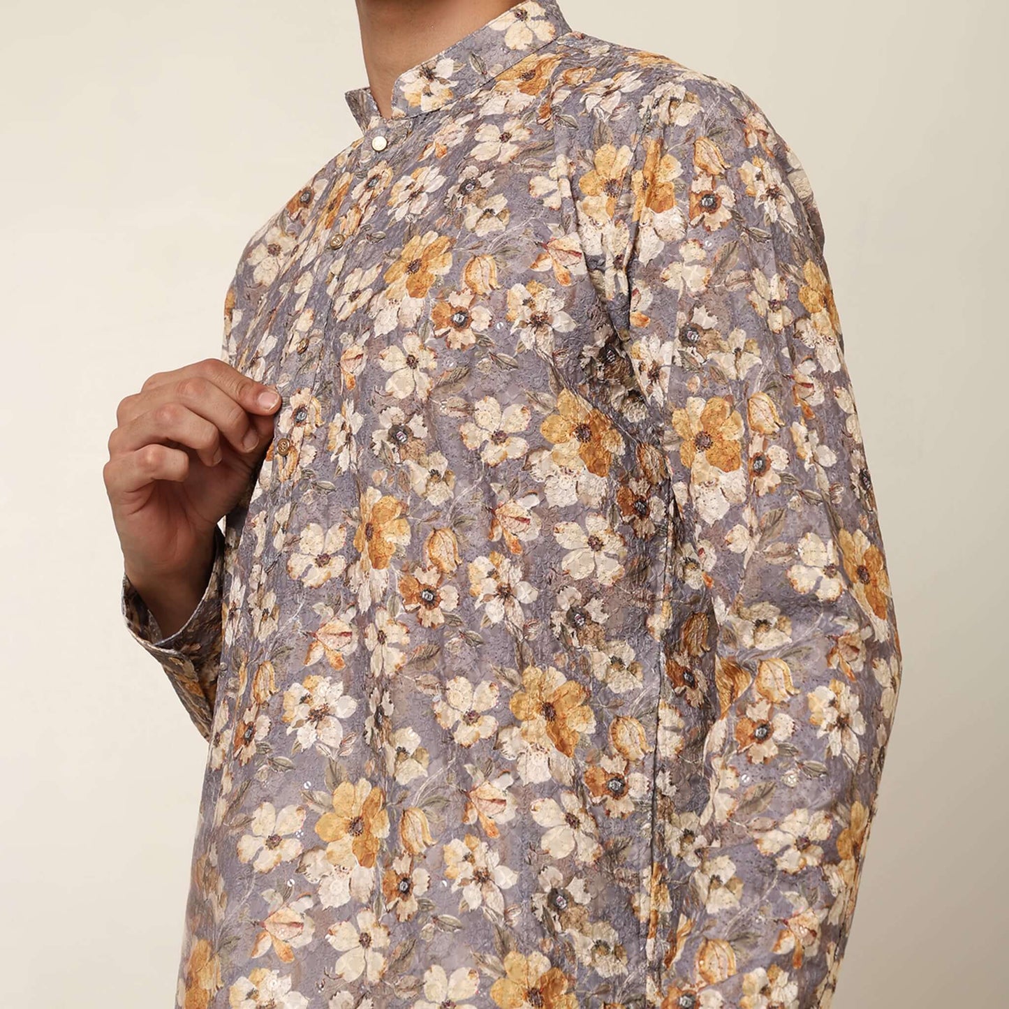 Grey Floral Wedding Kurta for Men which has embroidery and floral prints. Perfect mens floral kurta for male by Crease India.