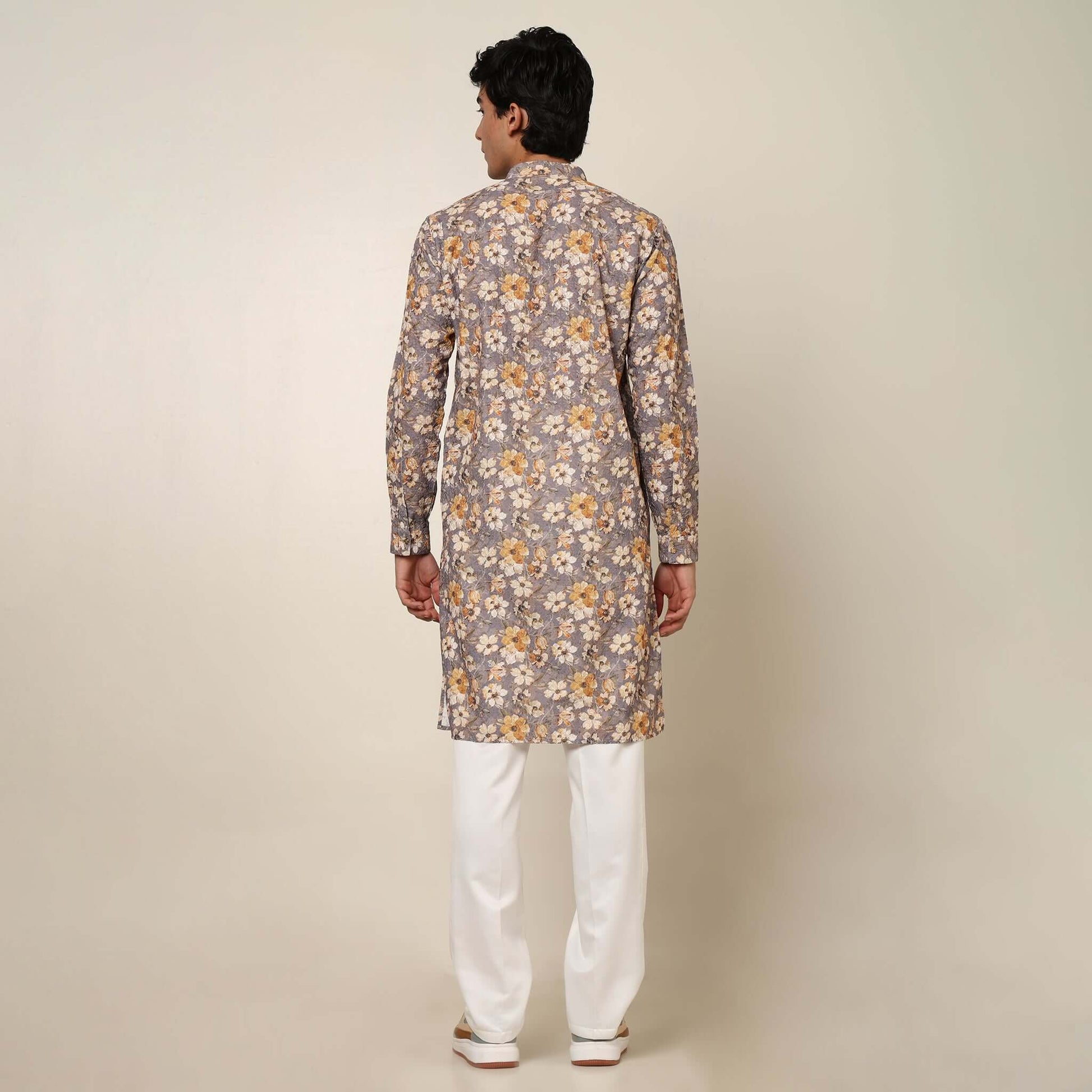 Grey Floral Wedding Kurta for Men which has embroidery and floral prints. Perfect mens floral kurta for male by Crease India.