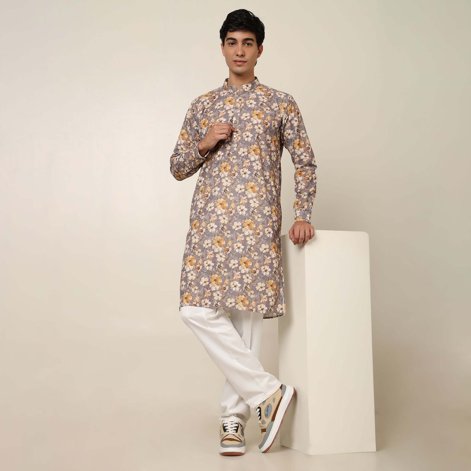 Grey Floral Wedding Kurta for Men which has embroidery and floral prints. Perfect mens floral kurta for male by Crease India.