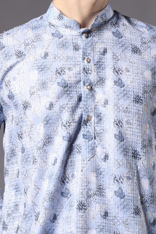 Light Blue Printed Kurta with Zari Work for Men – ethnic mens light blue floral kurta for haldi, mehendi and festive wear by Crease India