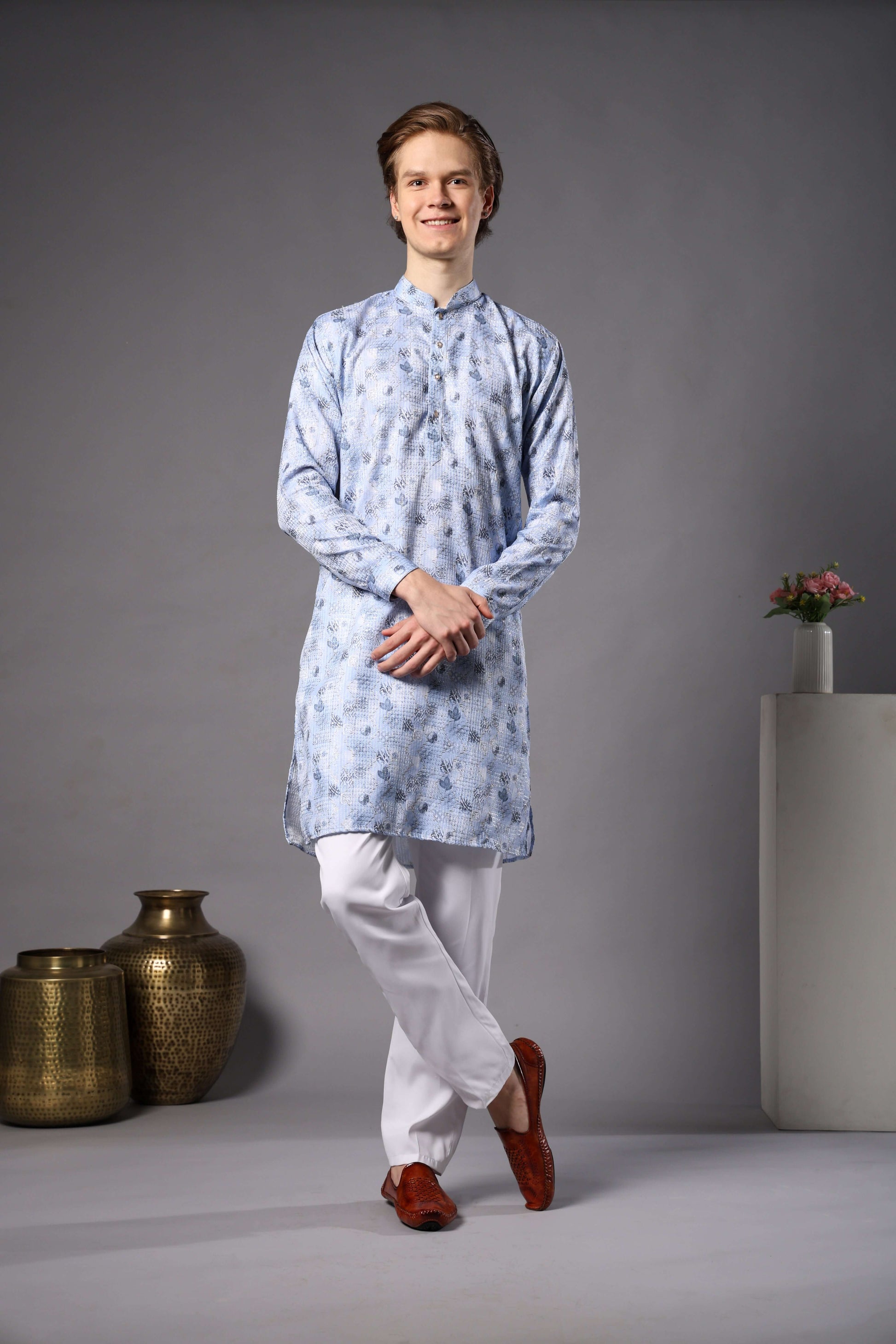 Light Blue Printed Kurta with Zari Work for Men – ethnic mens light blue floral kurta for haldi, mehendi and festive wear by Crease India
