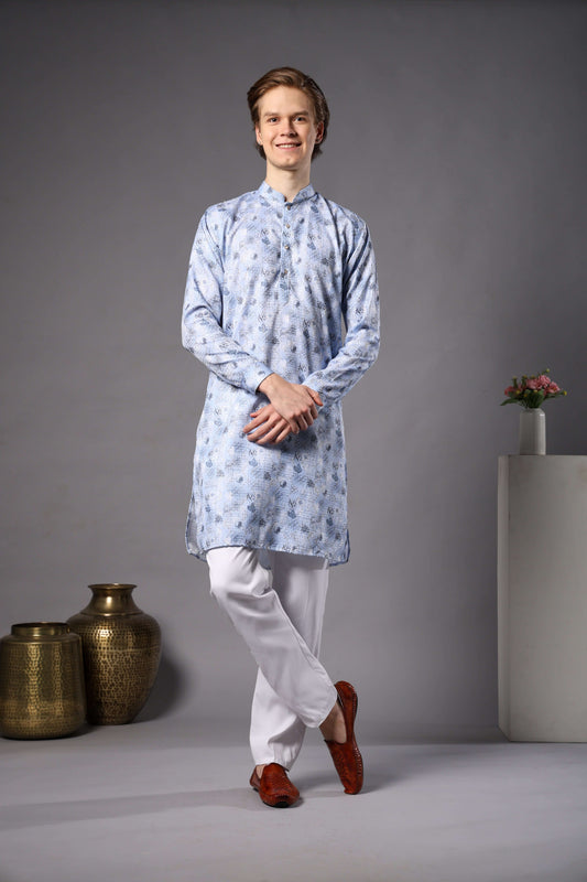 Light Blue Printed Kurta with Zari Work for Men – ethnic mens light blue floral kurta for haldi, mehendi and festive wear by Crease India