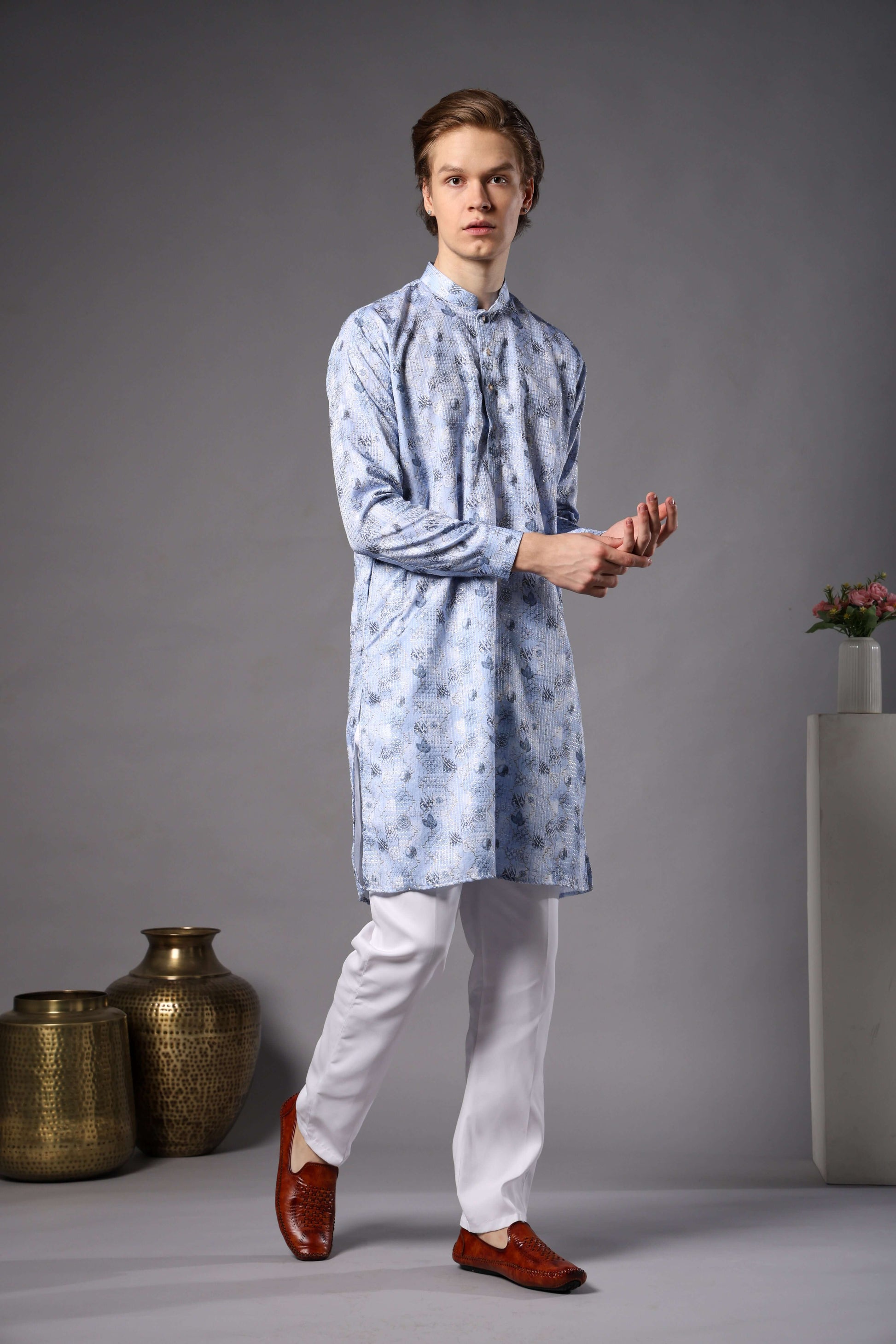 Light Blue Printed Kurta with Zari Work for Men – ethnic mens light blue floral kurta for haldi, mehendi and festive wear by Crease India
