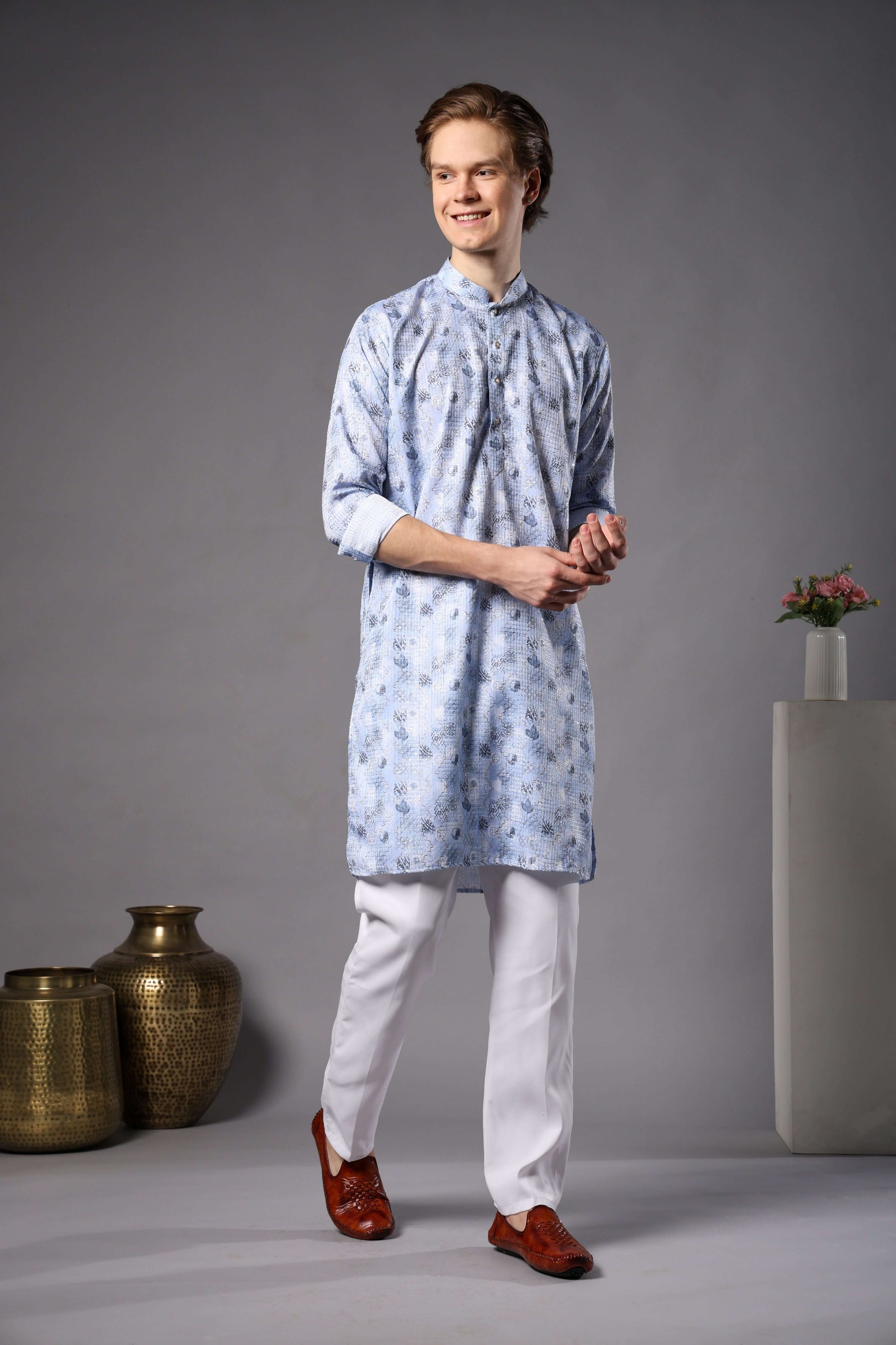 Light Blue Printed Kurta with Zari Work for Men – ethnic mens light blue floral kurta for haldi, mehendi and festive wear by Crease India