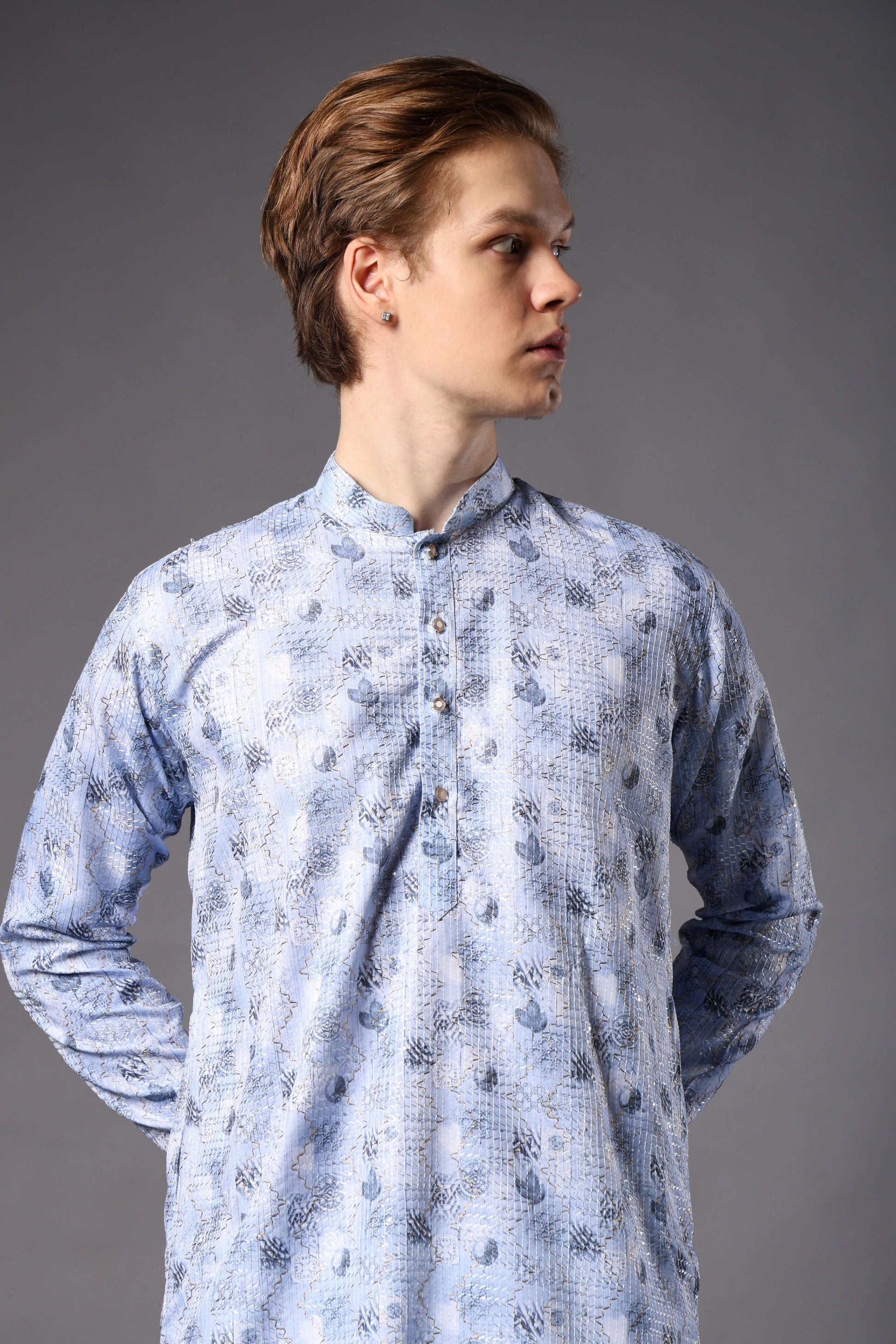 Light Blue Printed Kurta with Zari Work for Men – ethnic mens light blue floral kurta for haldi, mehendi and festive wear by Crease India