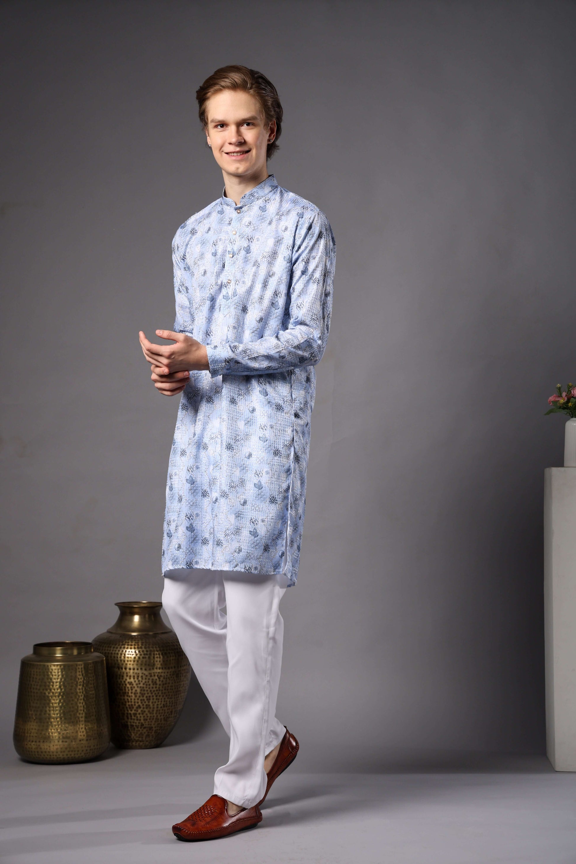 Light Blue Printed Kurta with Zari Work for Men – ethnic mens light blue floral kurta for haldi, mehendi and festive wear by Crease India