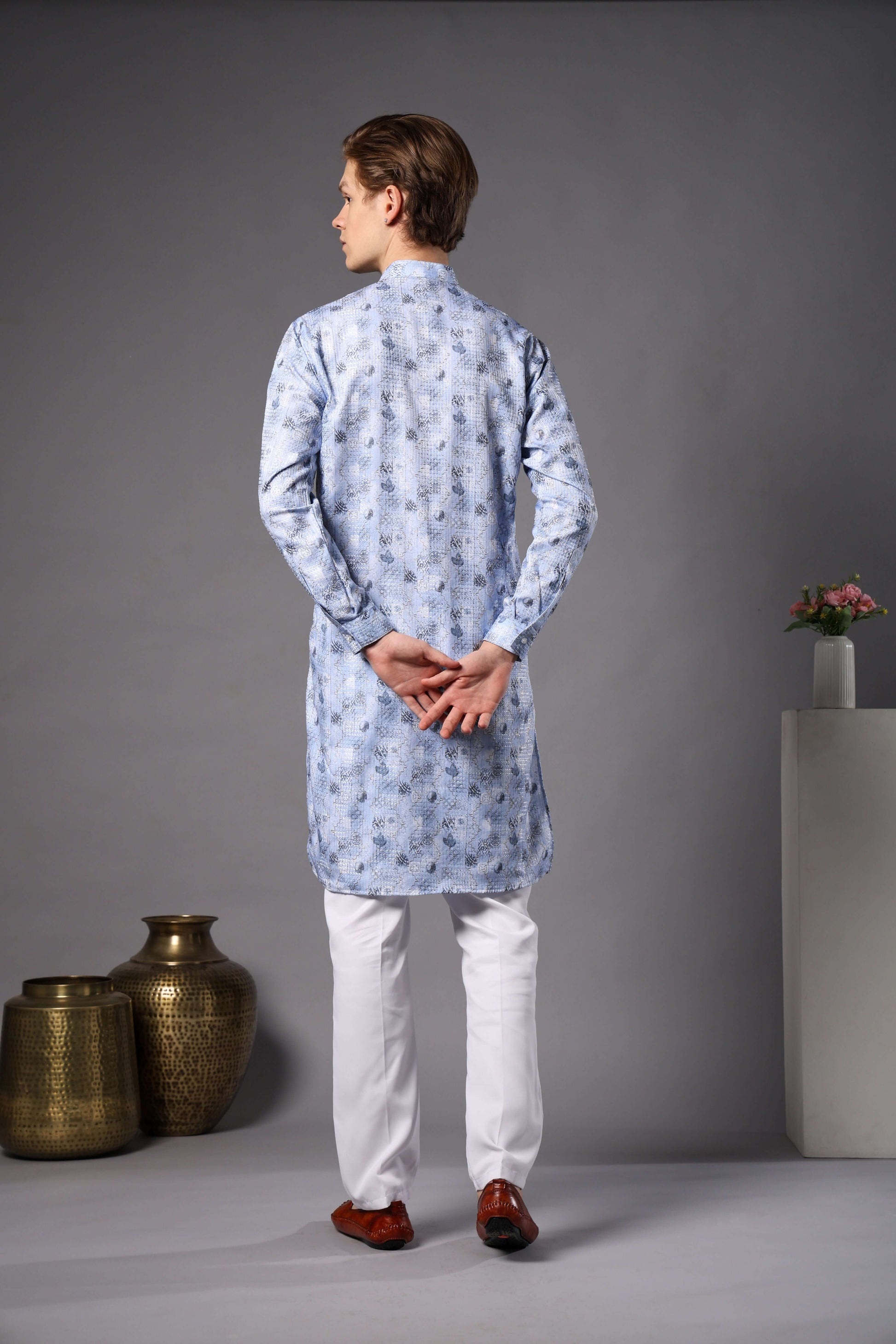 Light Blue Printed Kurta with Zari Work for Men – ethnic mens light blue floral kurta for haldi, mehendi and festive wear by Crease India