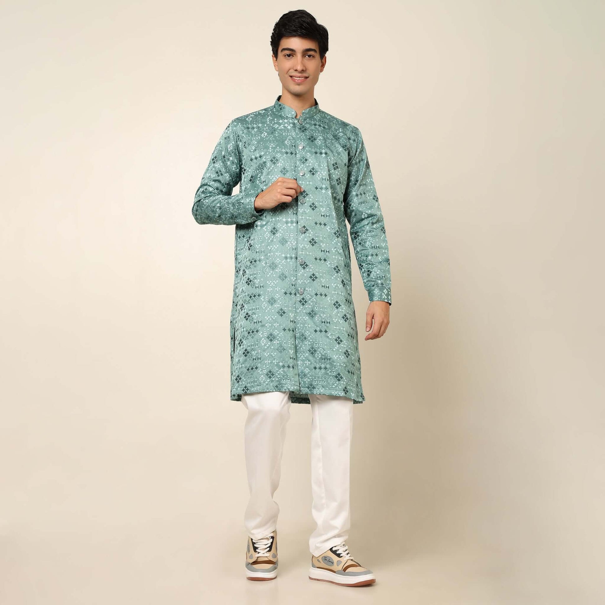 Light Sea Green Designer Long Kurta for Men which has embroidery and metal buttons. Perfect mens wedding kurta for male by Crease India.
