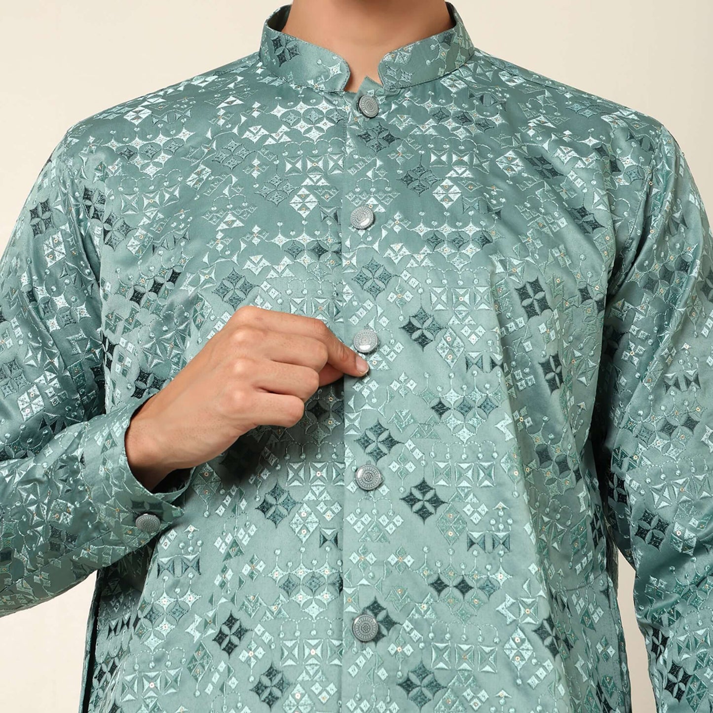 Light Sea Green Designer Long Kurta for Men which has embroidery and metal buttons. Perfect mens wedding kurta for male by Crease India.