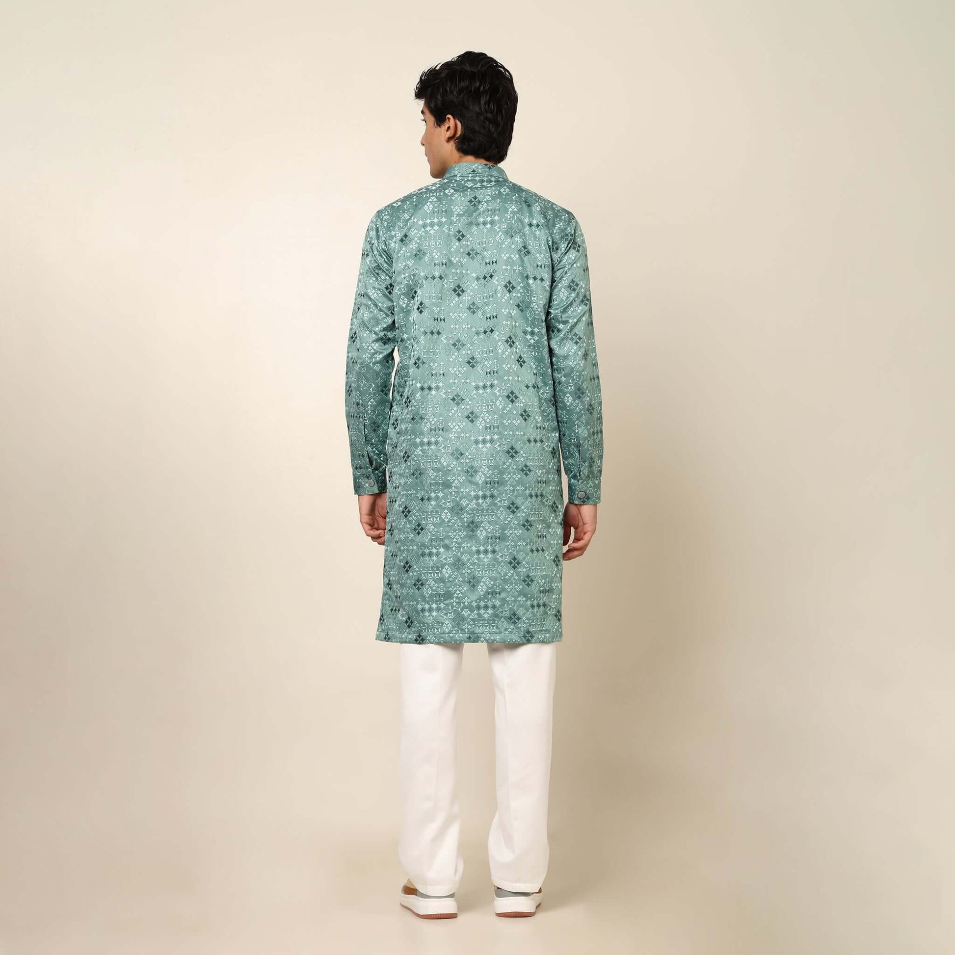 Light Sea Green Designer Long Kurta for Men which has embroidery and metal buttons. Perfect mens wedding kurta for male by Crease India.