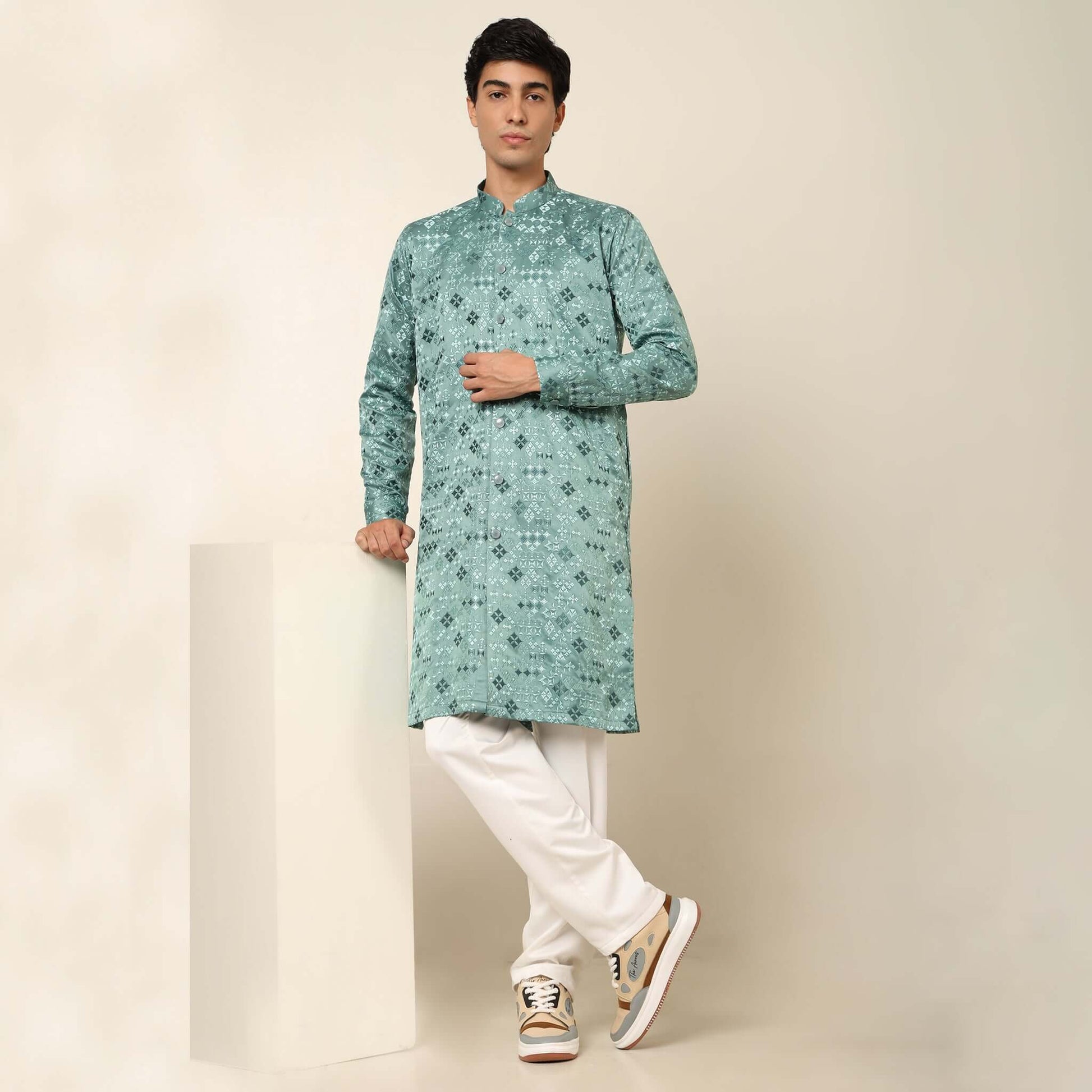 Light Sea Green Designer Long Kurta for Men which has embroidery and metal buttons. Perfect mens wedding kurta for male by Crease India.
