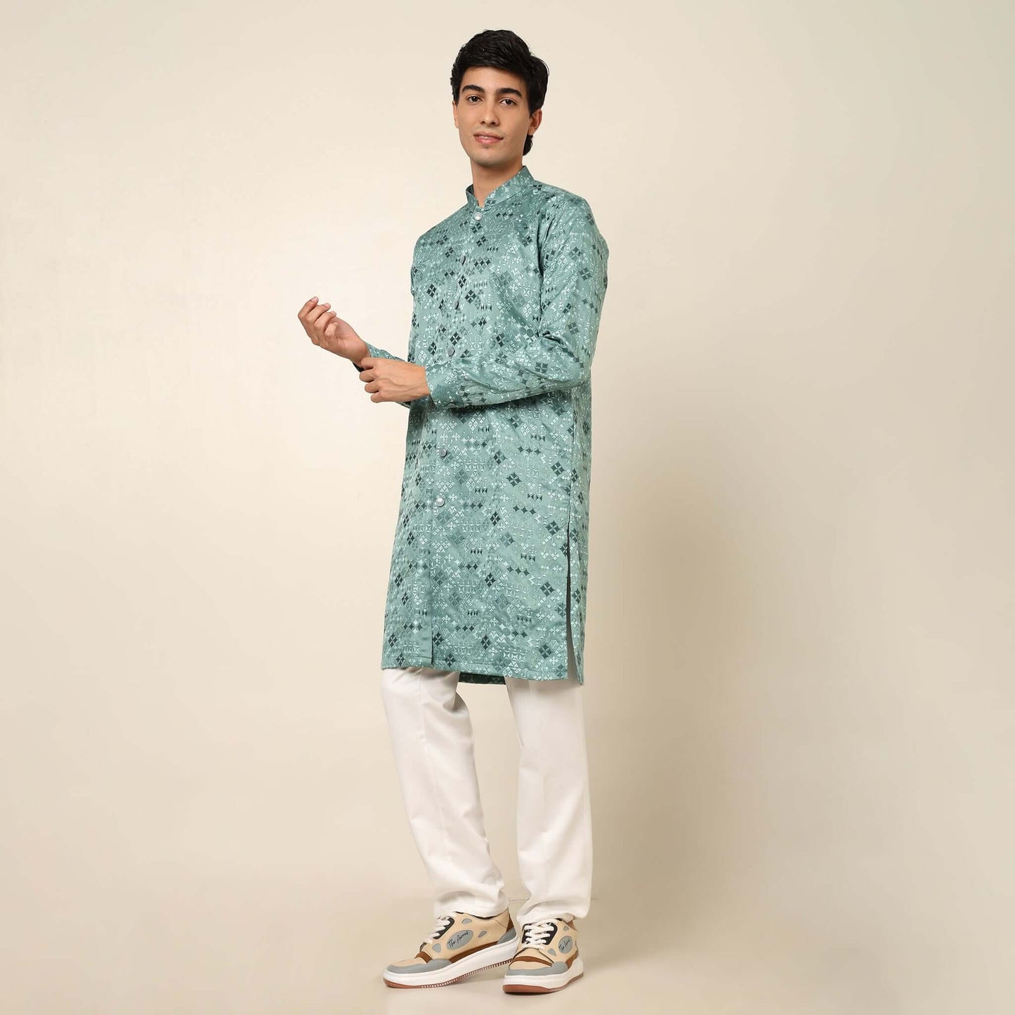 Light Sea Green Designer Long Kurta for Men which has embroidery and metal buttons. Perfect mens wedding kurta for male by Crease India.