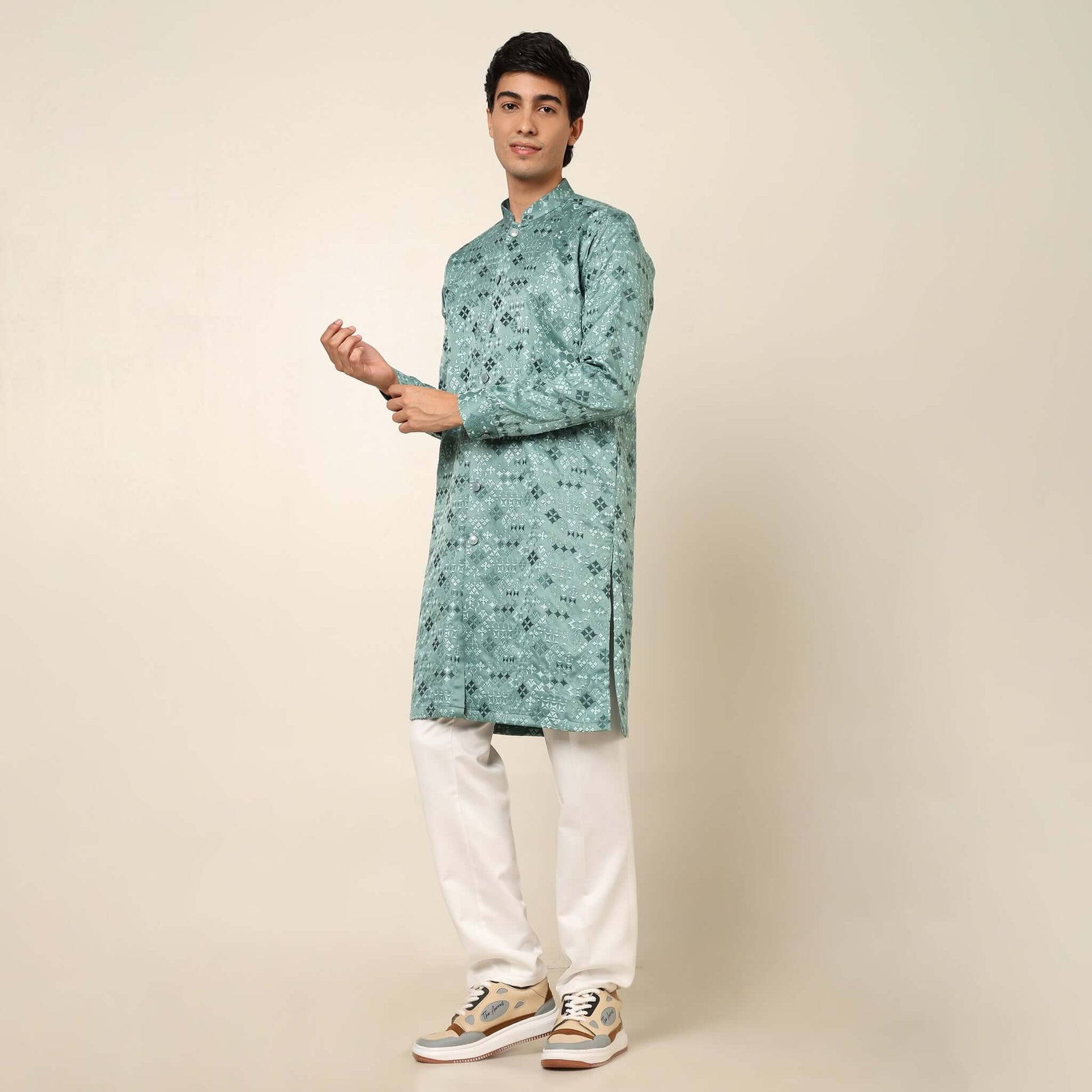 Light Sea Green Designer Long Kurta for Men which has embroidery and metal buttons. Perfect mens wedding kurta for male by Crease India.