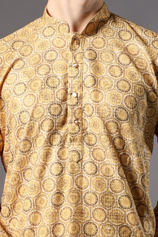 Yellow Floral Medallion Printed Kurta with Zari Work for Men – haldi kurta for men in floral ethnic design by Crease India