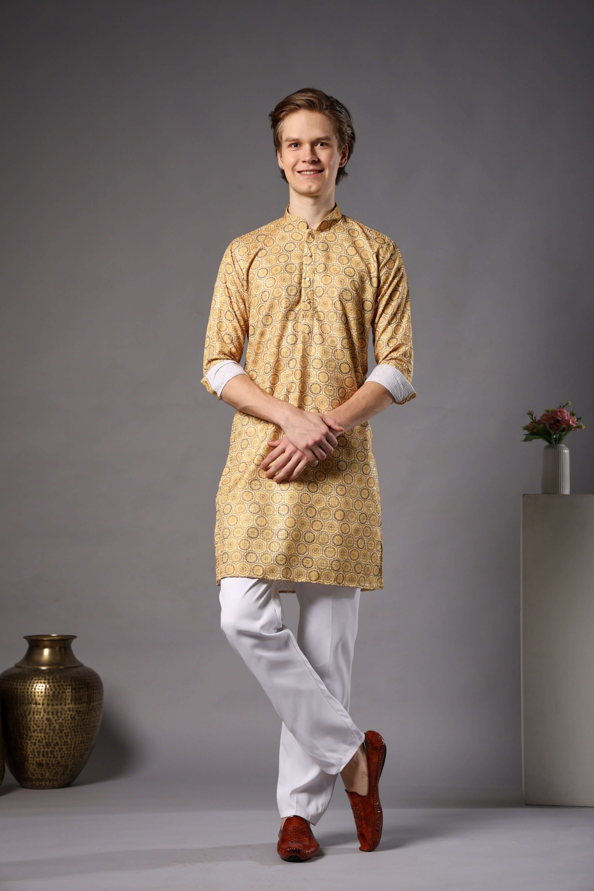 Yellow Floral Medallion Printed Kurta with Zari Work for Men – haldi kurta for men in floral ethnic design by Crease India