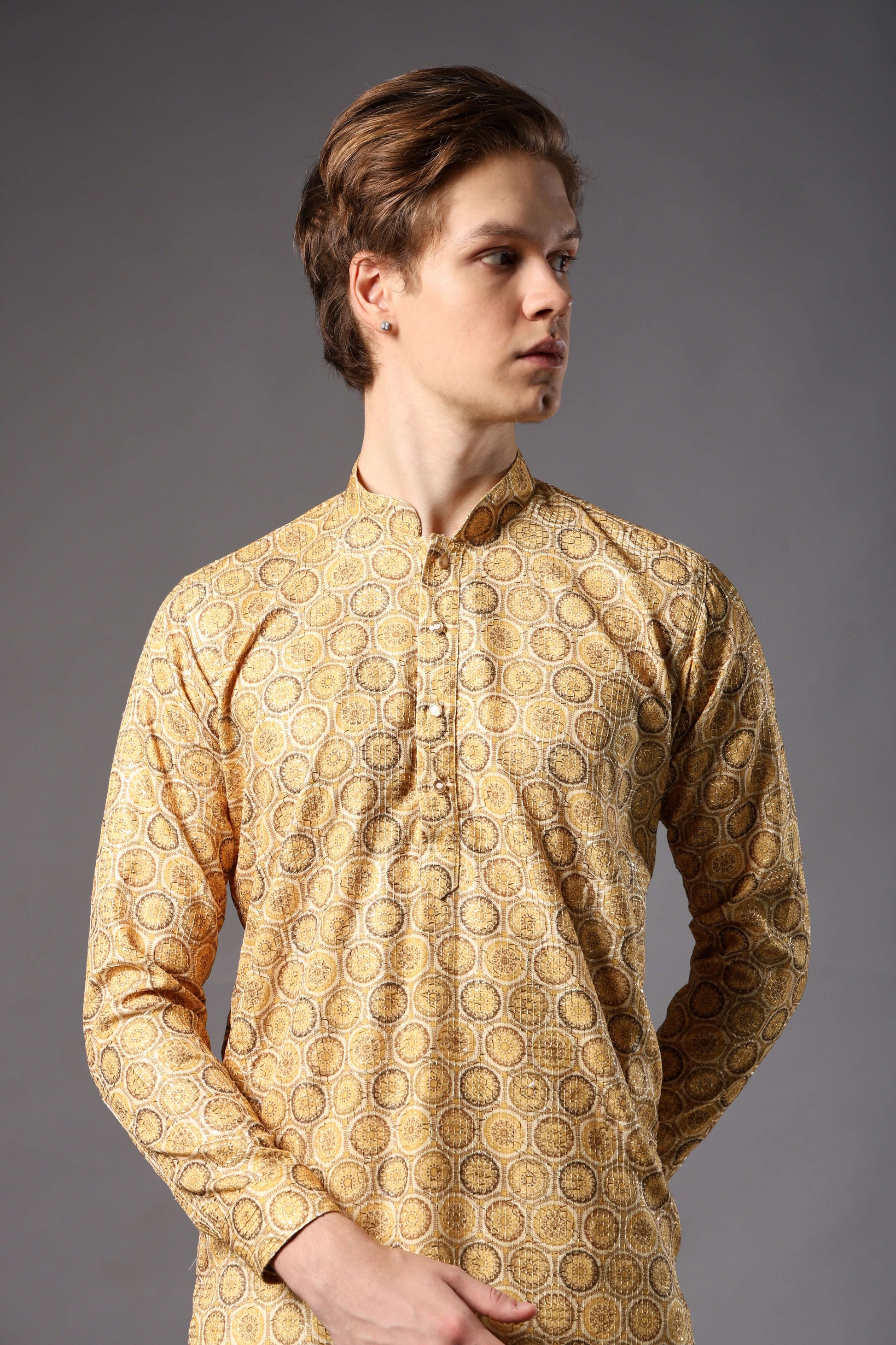 Yellow Floral Medallion Printed Kurta with Zari Work for Men – haldi kurta for men in floral ethnic design by Crease India