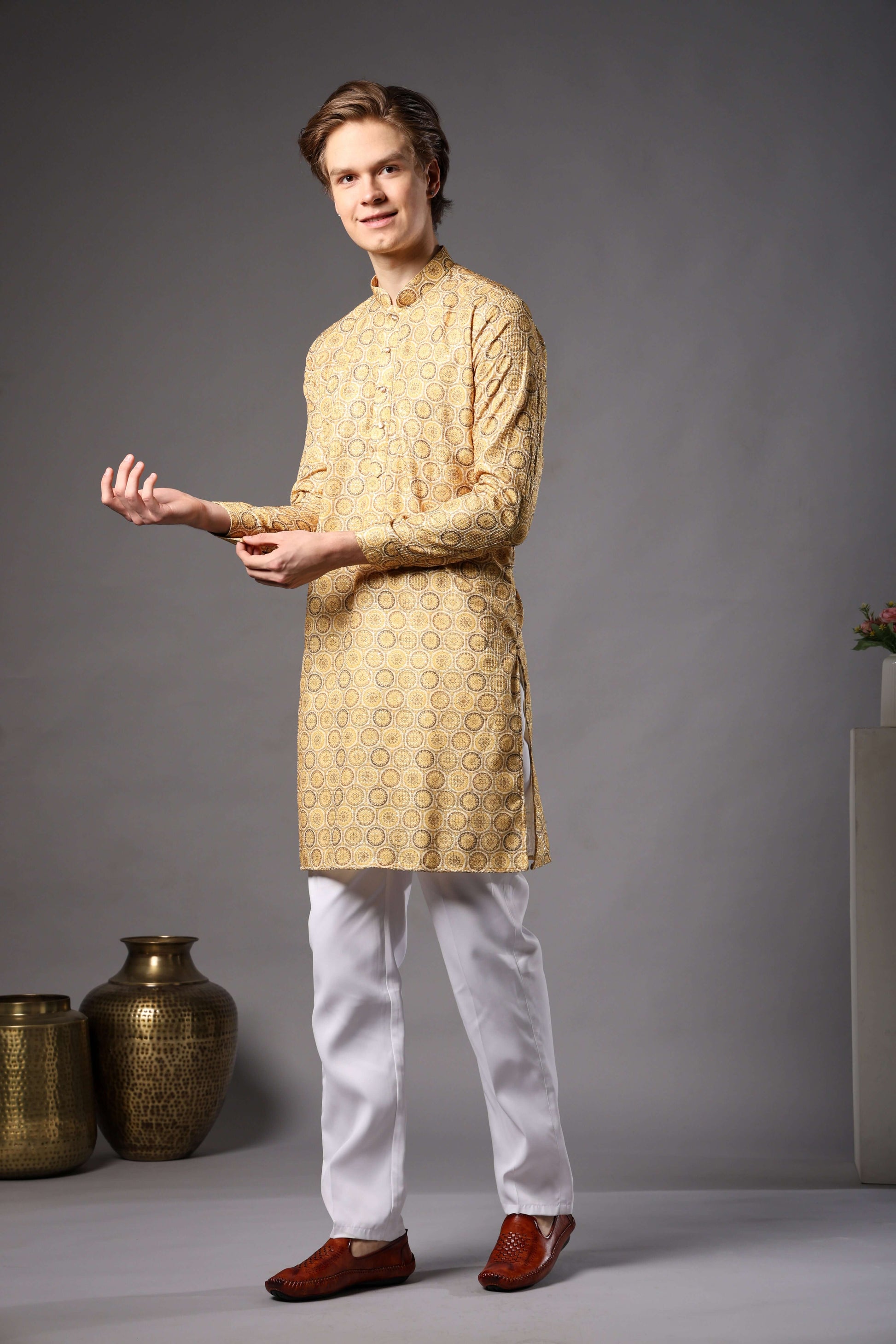 Yellow Floral Medallion Printed Kurta with Zari Work for Men – haldi kurta for men in floral ethnic design by Crease India