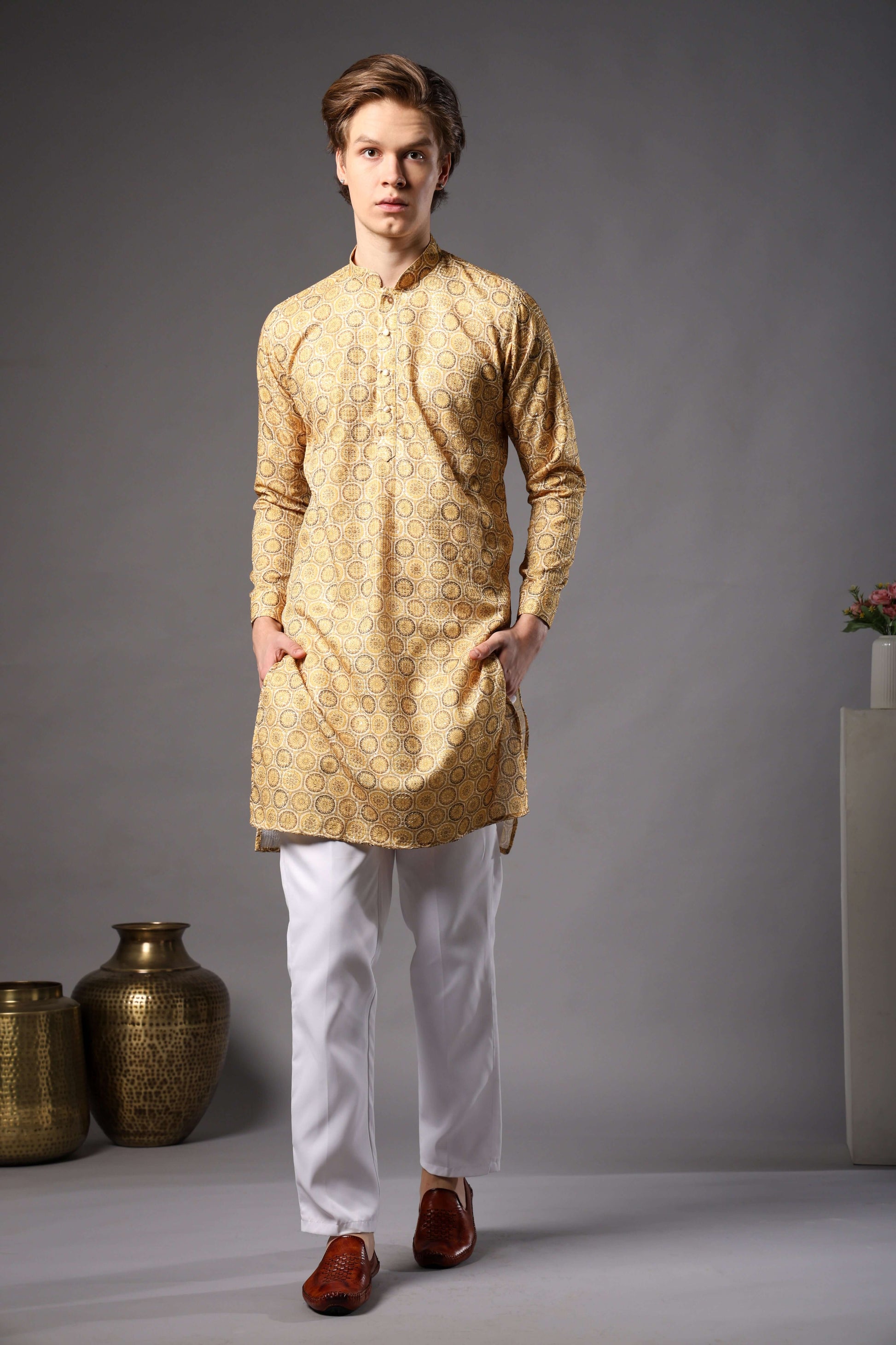 Yellow Floral Medallion Printed Kurta with Zari Work for Men – haldi kurta for men in floral ethnic design by Crease India