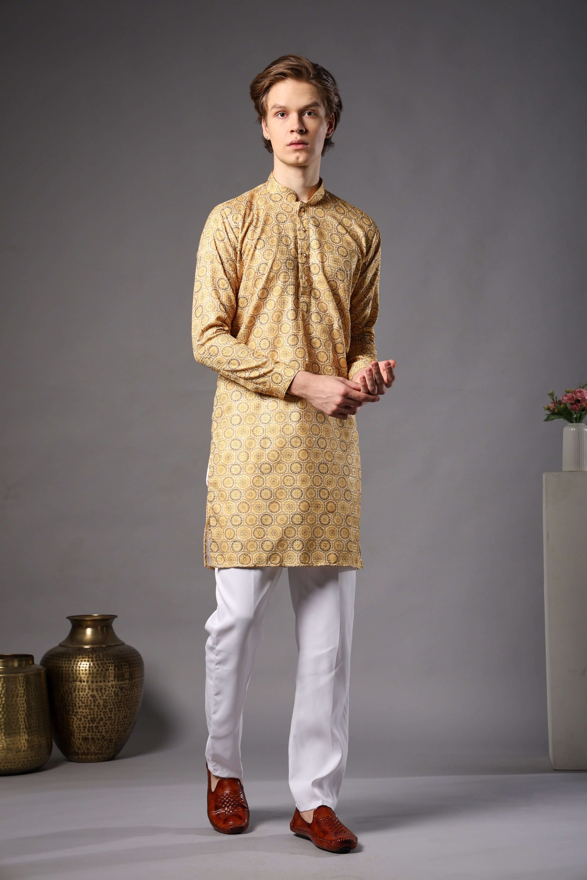 Yellow Floral Medallion Printed Kurta with Zari Work for Men – haldi kurta for men in floral ethnic design by Crease India