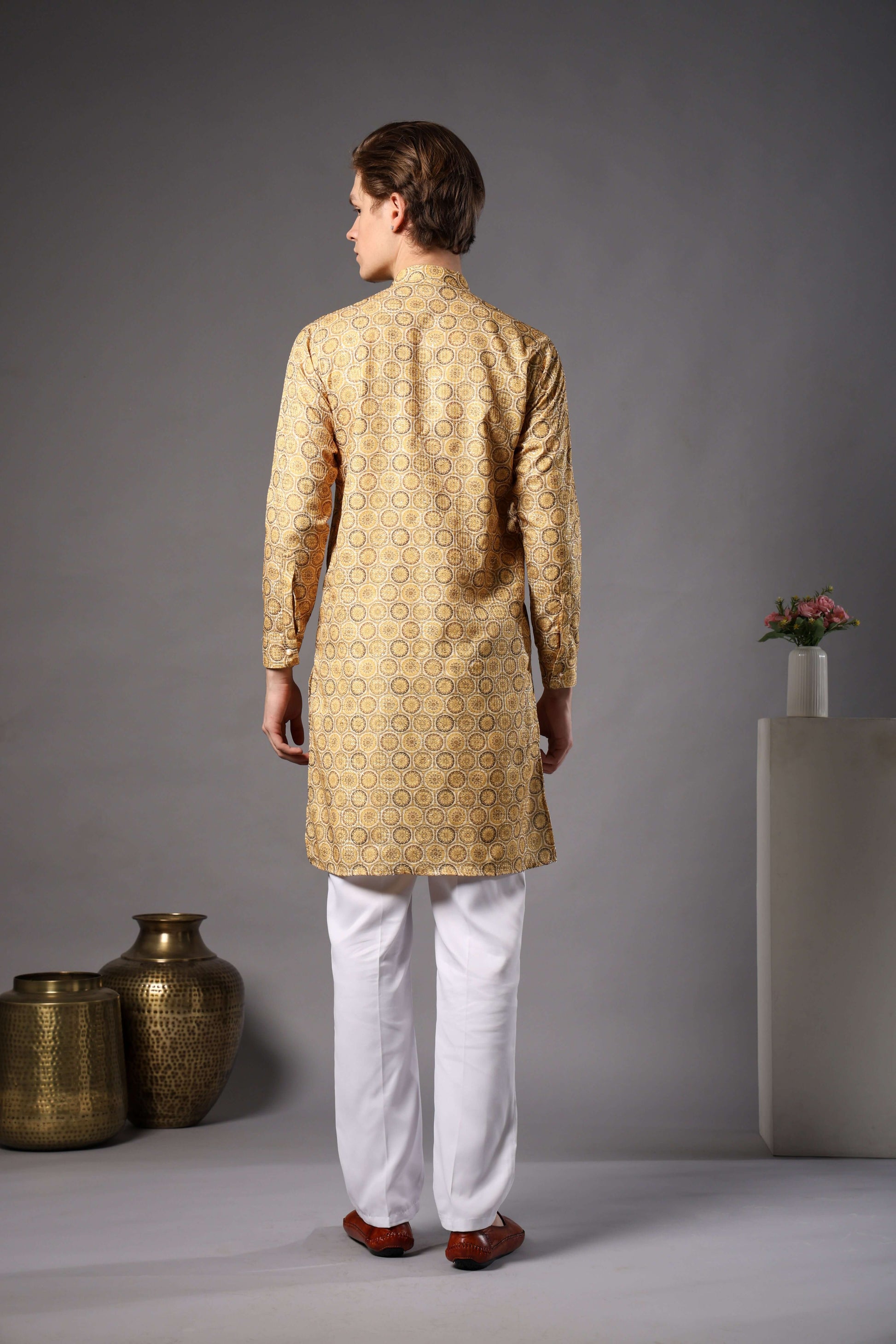 Yellow Floral Medallion Printed Kurta with Zari Work for Men – haldi kurta for men in floral ethnic design by Crease India