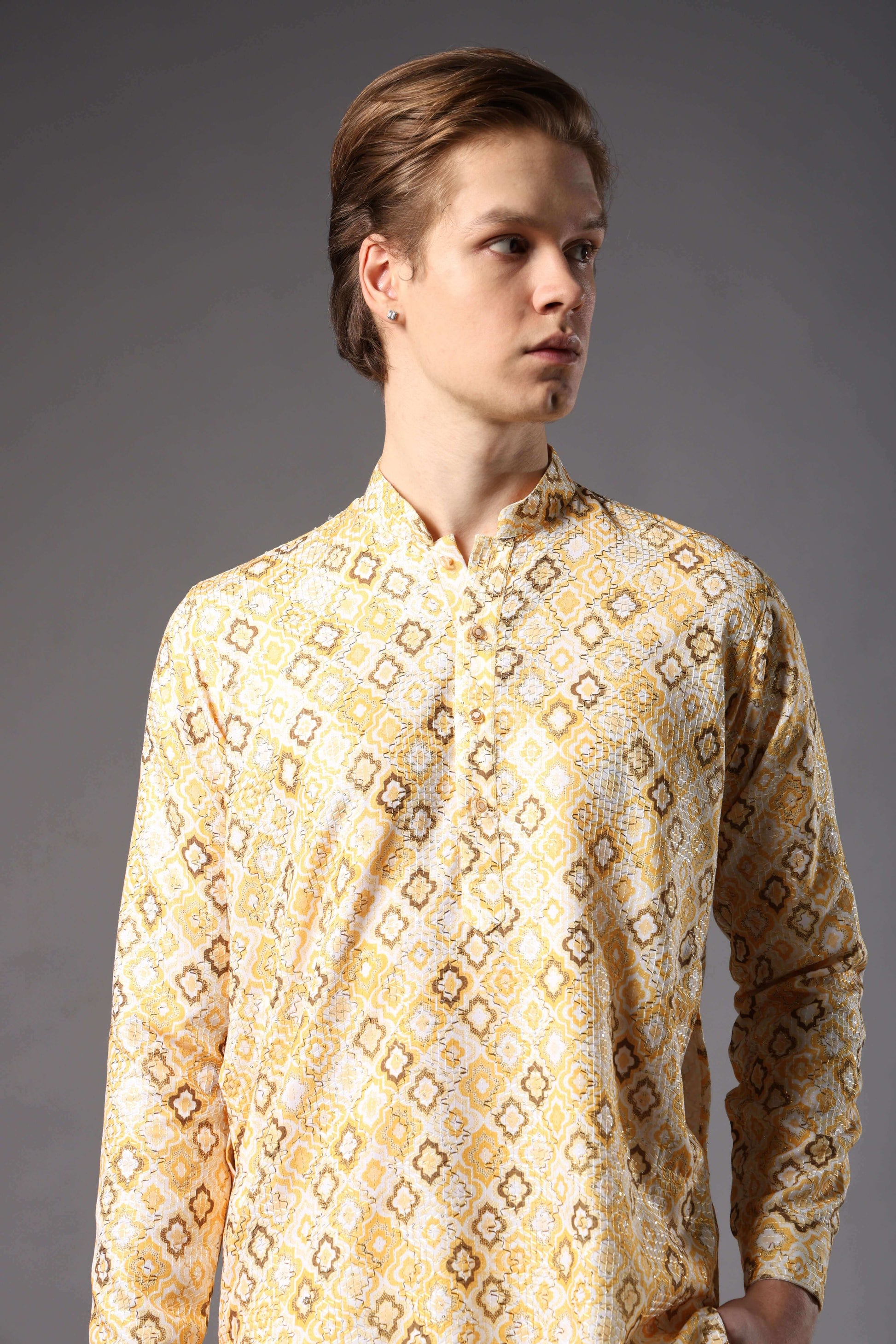 Yellow Geometric Printed Kurta with Zari Work for Men – printed haldi kurta for groomsmen and daytime events by Crease India