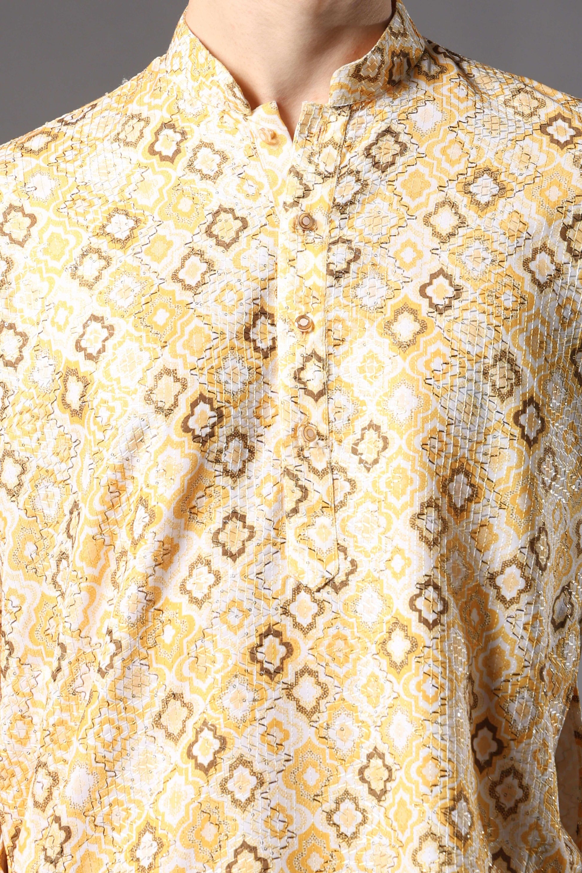 Yellow Geometric Printed Kurta with Zari Work for Men – printed haldi kurta for groomsmen and daytime events by Crease India