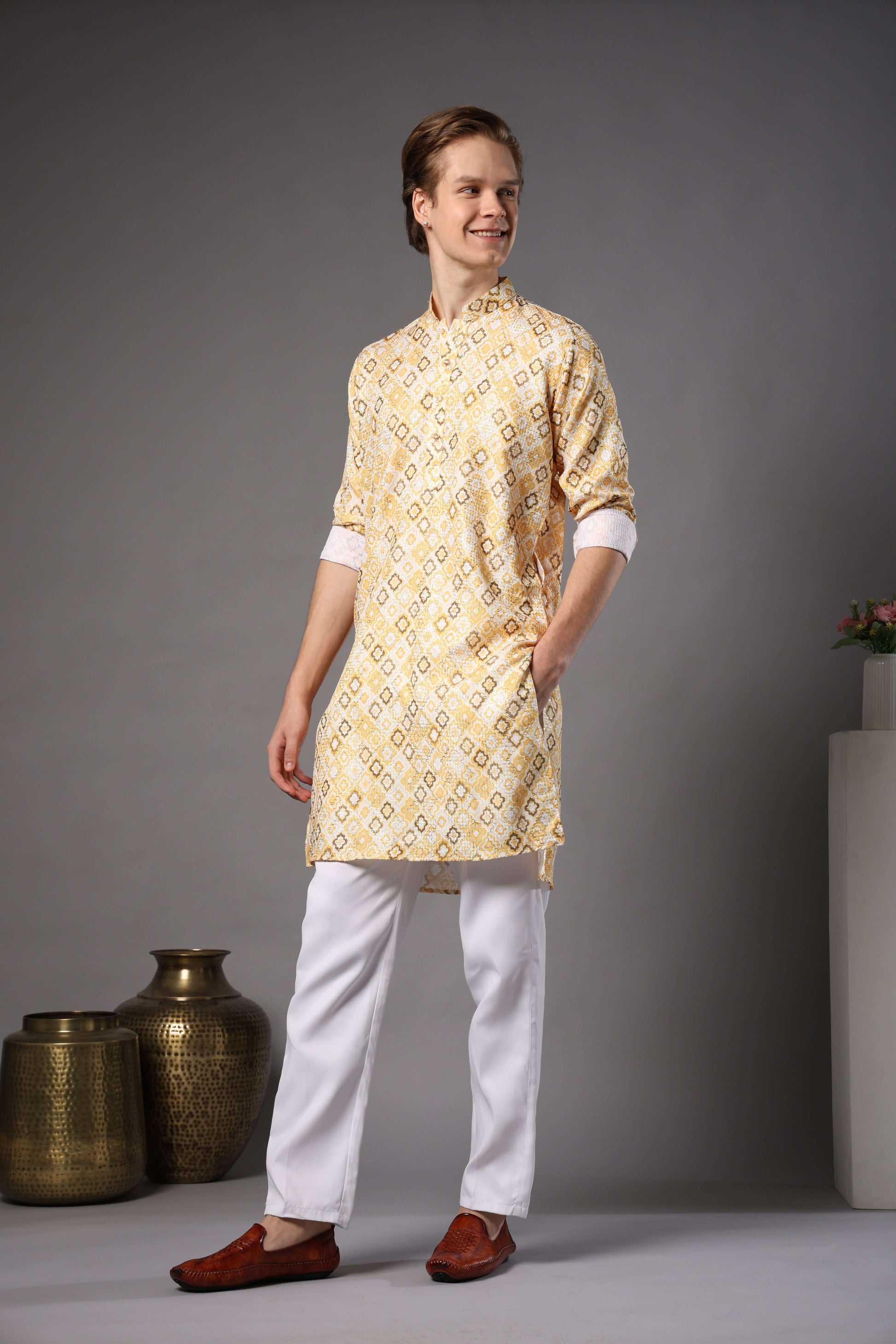 Yellow Geometric Printed Kurta with Zari Work for Men – printed haldi kurta for groomsmen and daytime events by Crease India